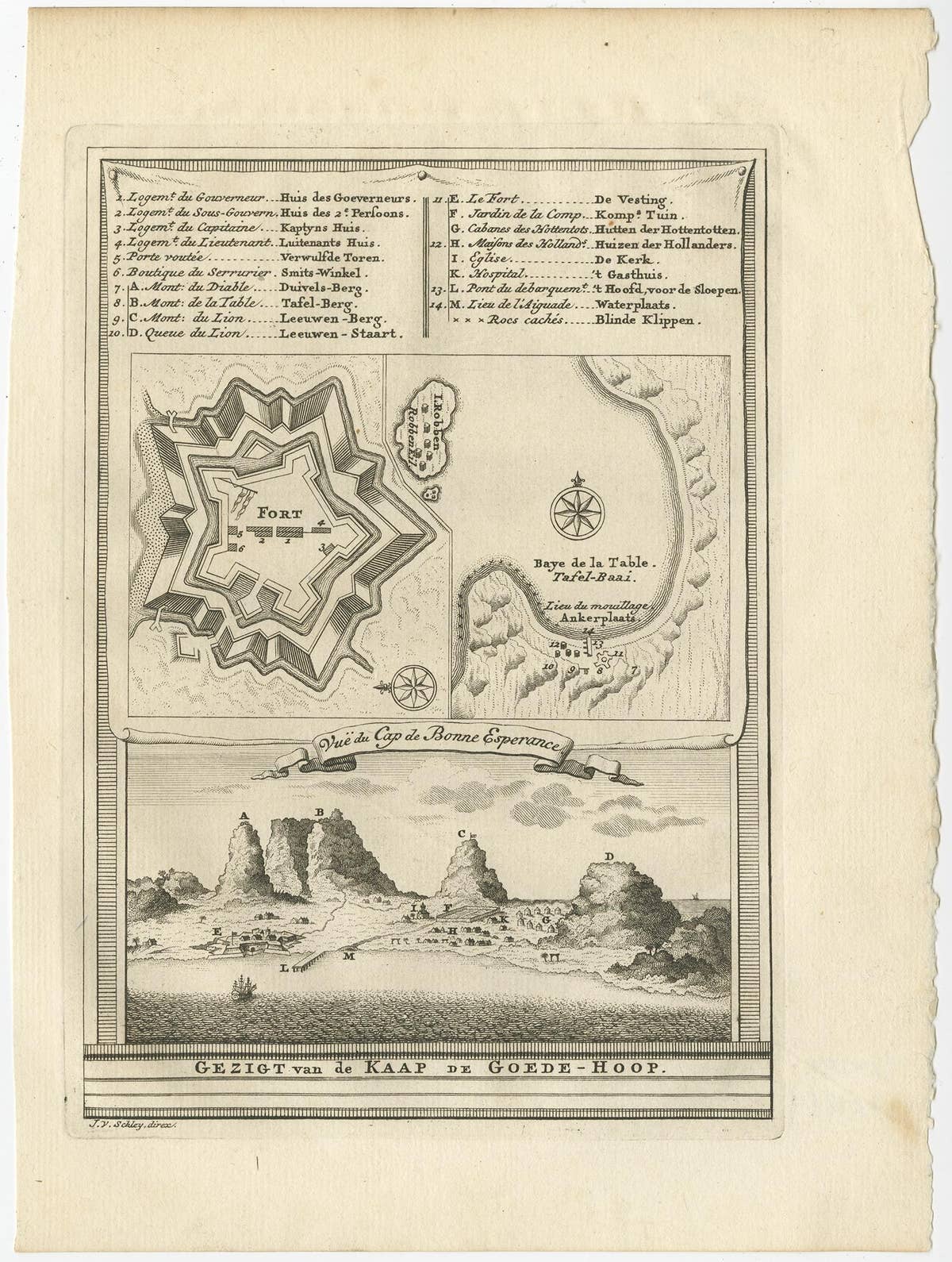 Old Print with a View of the Cape of Good Hope and Table Bay, South Africa, 1750
