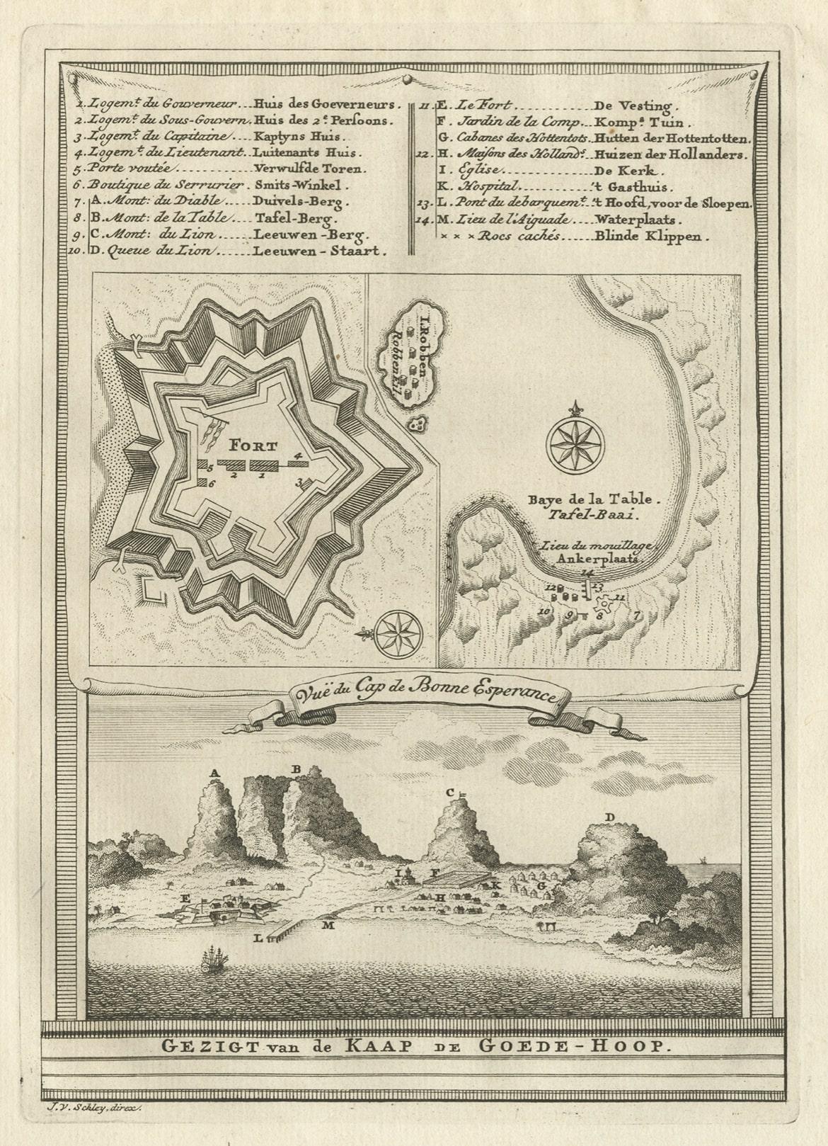 Ancienne estampe avec une vue du Cap de Good Hope et de la baie de Table, Afrique du Sud, 1750 Bon état - En vente à Langweer, NL