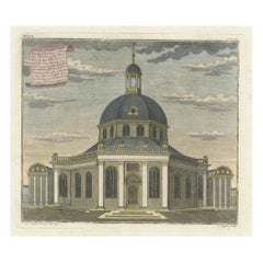 Old Print mit einer Ansicht der niederländischen Kirche in Batavia „Jakarta, Indonesien“, 1738
