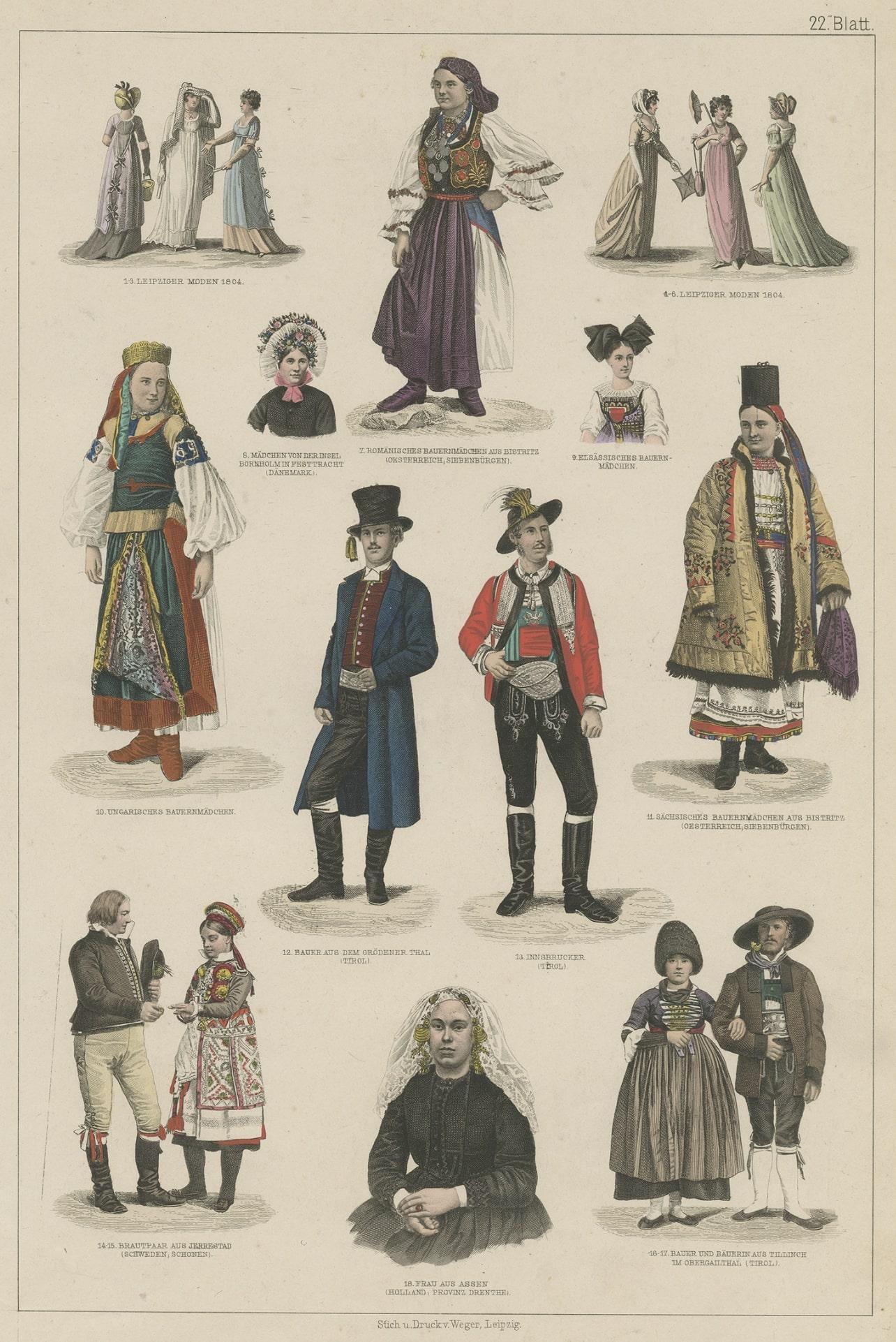 Alte Kostüme mit Kostümen aus Ungarn, Tyrol, Schweden, Rumänien, Holland und anderen Ländern, ca. 1875 im Zustand „Gut“ im Angebot in Langweer, NL