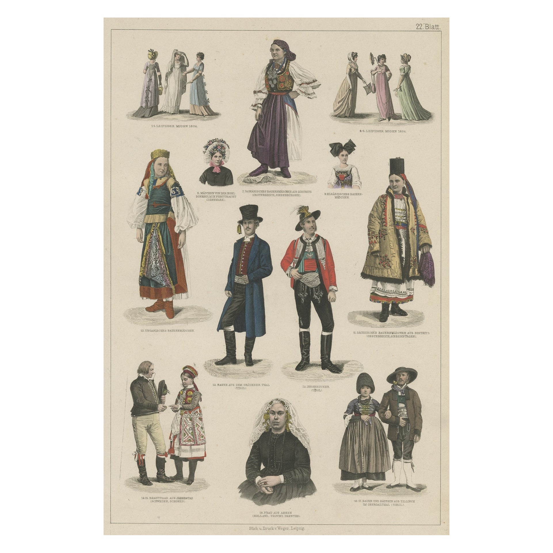 Anciennes estampes de costumes de Hongrie, Tyrol, Suède, Roumanie, Hollande, Etc., vers 1875
