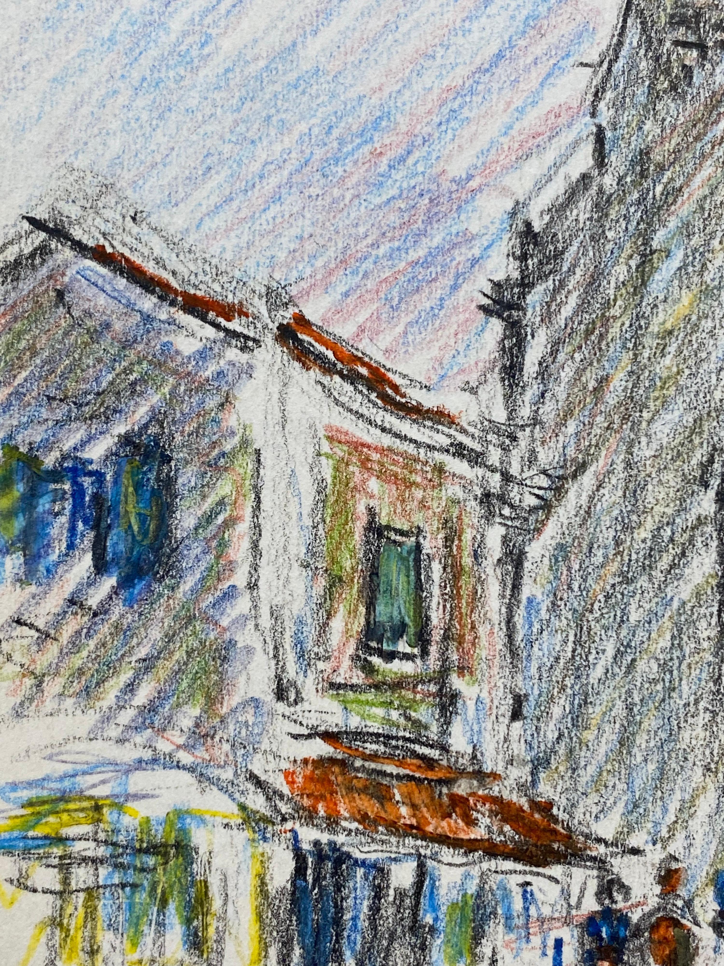 Old Provence Town Impressionist Crayon Drawing, Figures Mooching by Cafe In Excellent Condition For Sale In Cirencester, GB