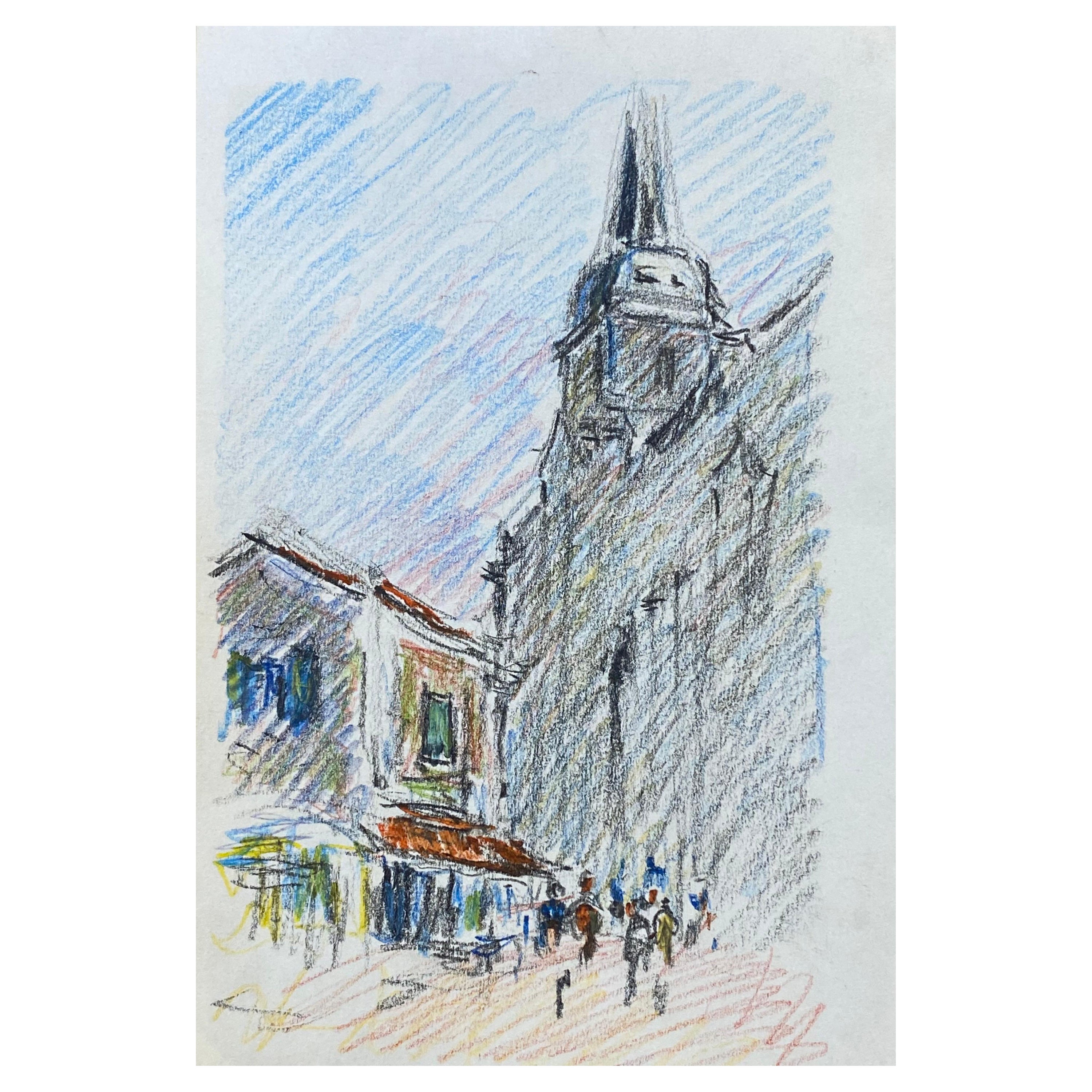 Old Provence Town Impressionist Crayon Drawing, Figures Mooching by Cafe For Sale