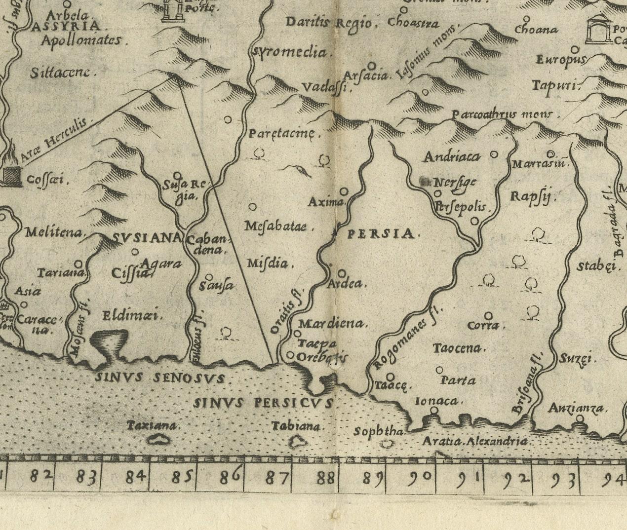 Gravé Carte ancienne du Ptolemaïque de la région située entre le golfe de Perse et la mer du Caspian, 1598 en vente