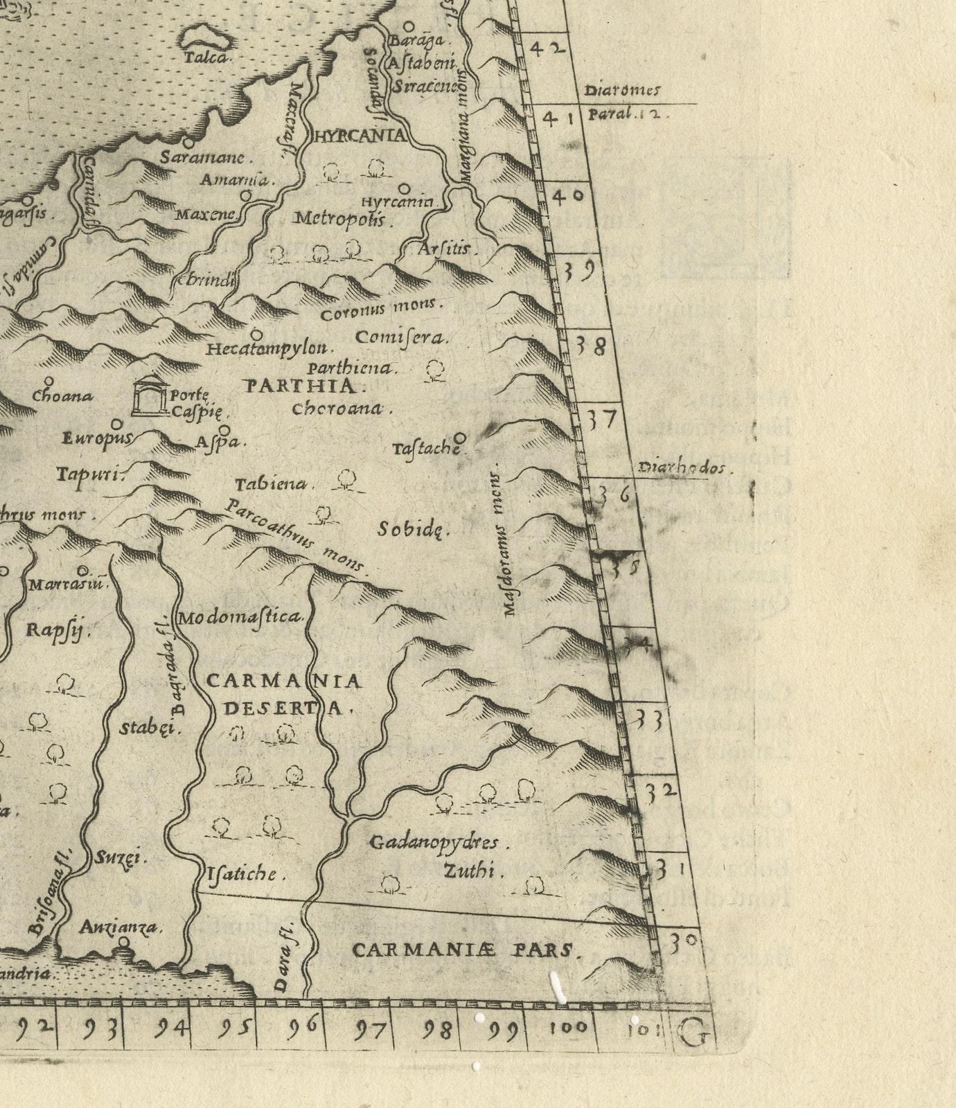 Carte ancienne du Ptolemaïque de la région située entre le golfe de Perse et la mer du Caspian, 1598 Bon état - En vente à Langweer, NL