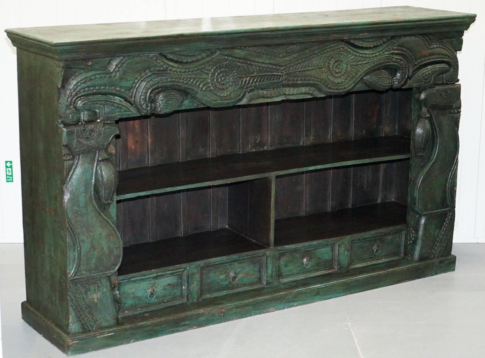 Old Rare Emerald Green Hand-Carved Chinese Sideboard Solid Teak Original Paint 4