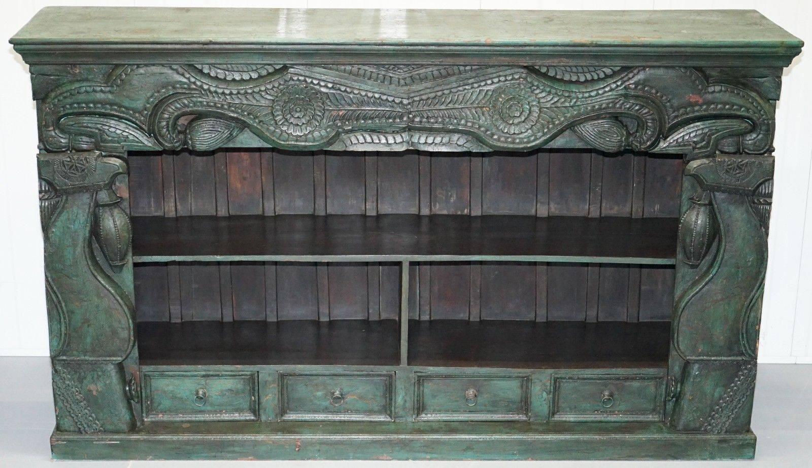 We are delighted to offer for sale this very large and heavy solid teak hand-carved and painted emerald green sideboard with base drawers

This is a very substantial piece of furniture, it must weigh close to 200kgs, the paint is distressed but