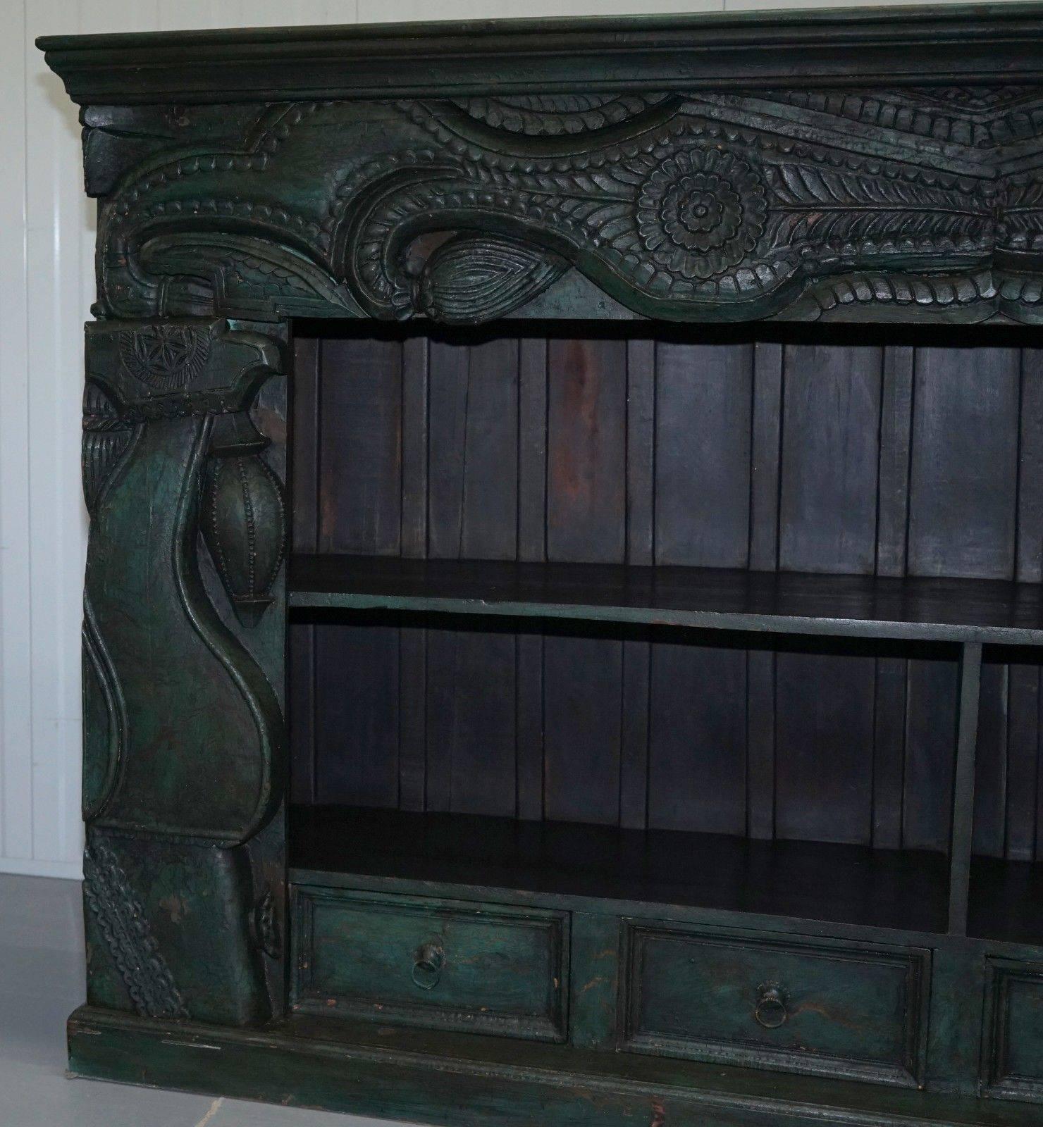 Chinese Export Old Rare Emerald Green Hand-Carved Chinese Sideboard Solid Teak Original Paint