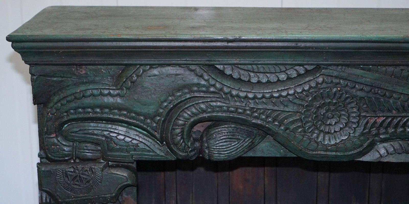 Hand-Crafted Old Rare Emerald Green Hand-Carved Chinese Sideboard Solid Teak Original Paint