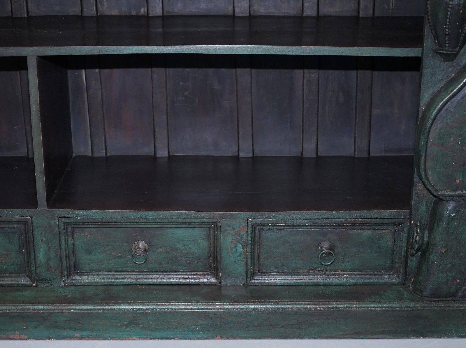 Old Rare Emerald Green Hand-Carved Chinese Sideboard Solid Teak Original Paint 1