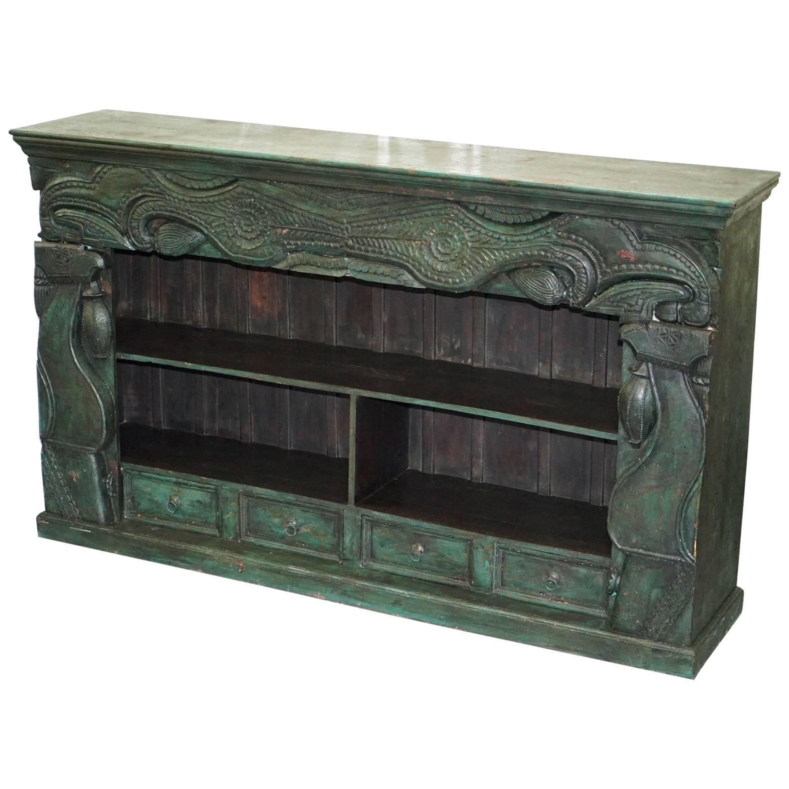 Old Rare Emerald Green Hand-Carved Chinese Sideboard Solid Teak Original Paint