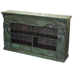 Old Rare Emerald Green Hand-Carved Chinese Sideboard Solid Teak Original Paint