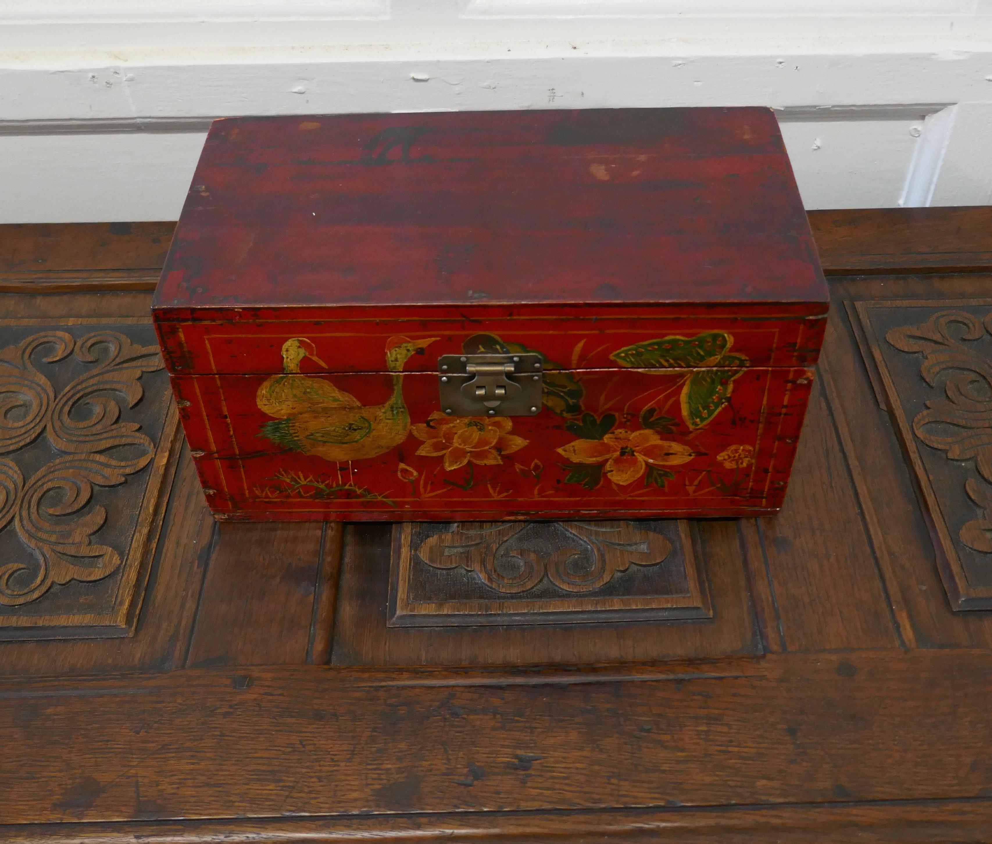 Chinese Export Old Red Chinoiserie Lacquer Box Decorated with Birds Flowers and Butterflies