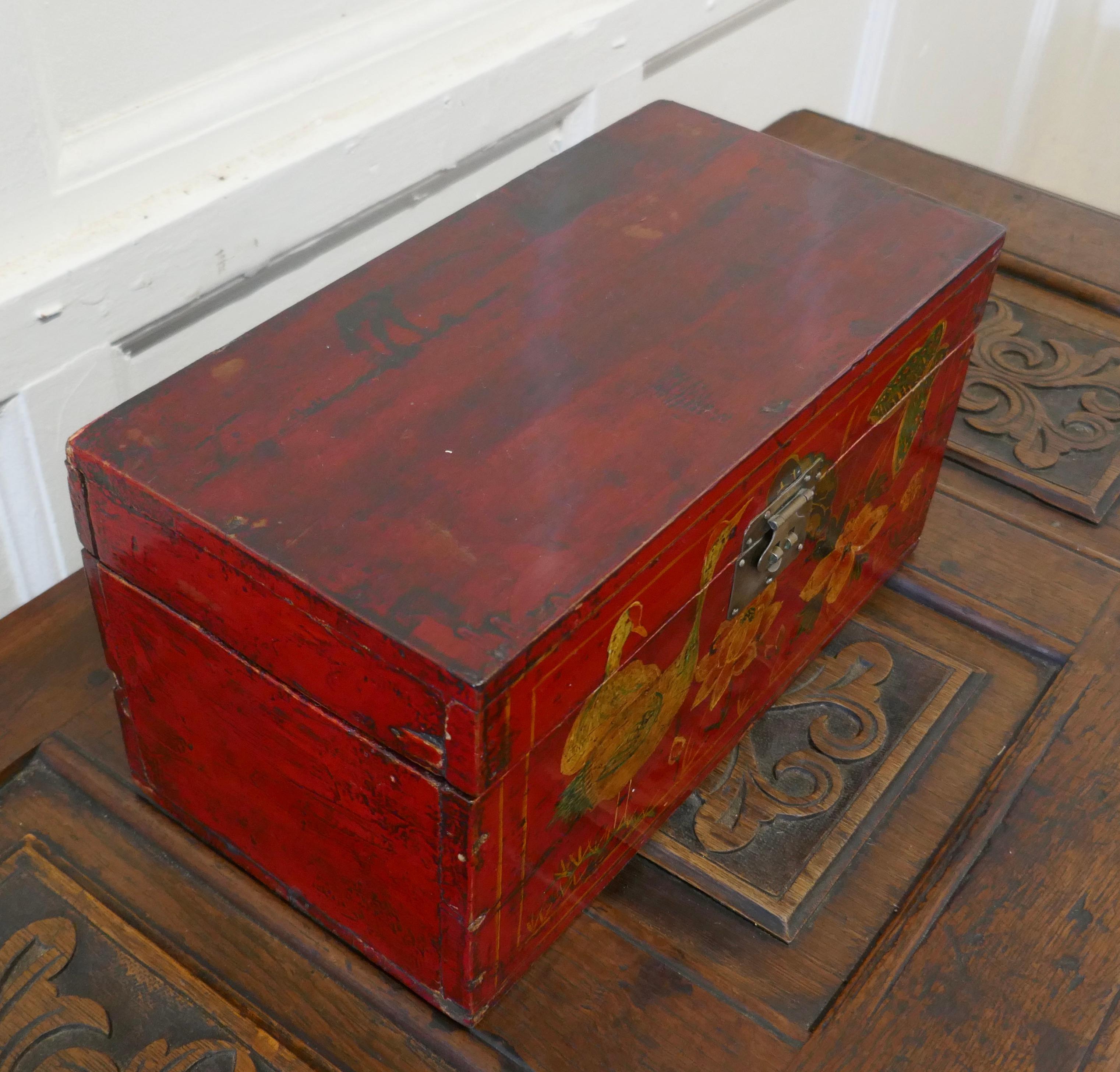 20th Century Old Red Chinoiserie Lacquer Box Decorated with Birds Flowers and Butterflies