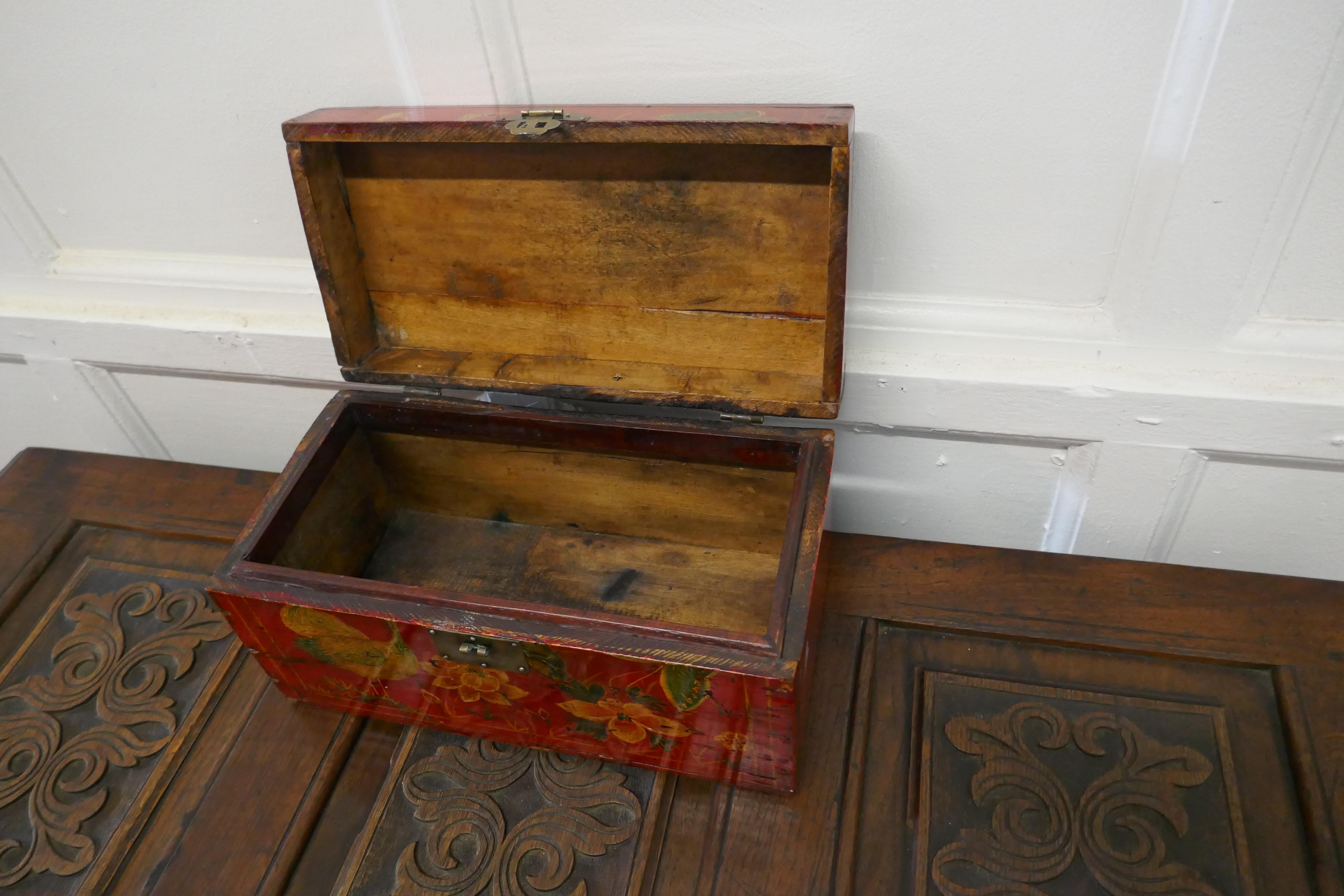 Old Red Chinoiserie Lacquer Box Decorated with Birds Flowers and Butterflies 2