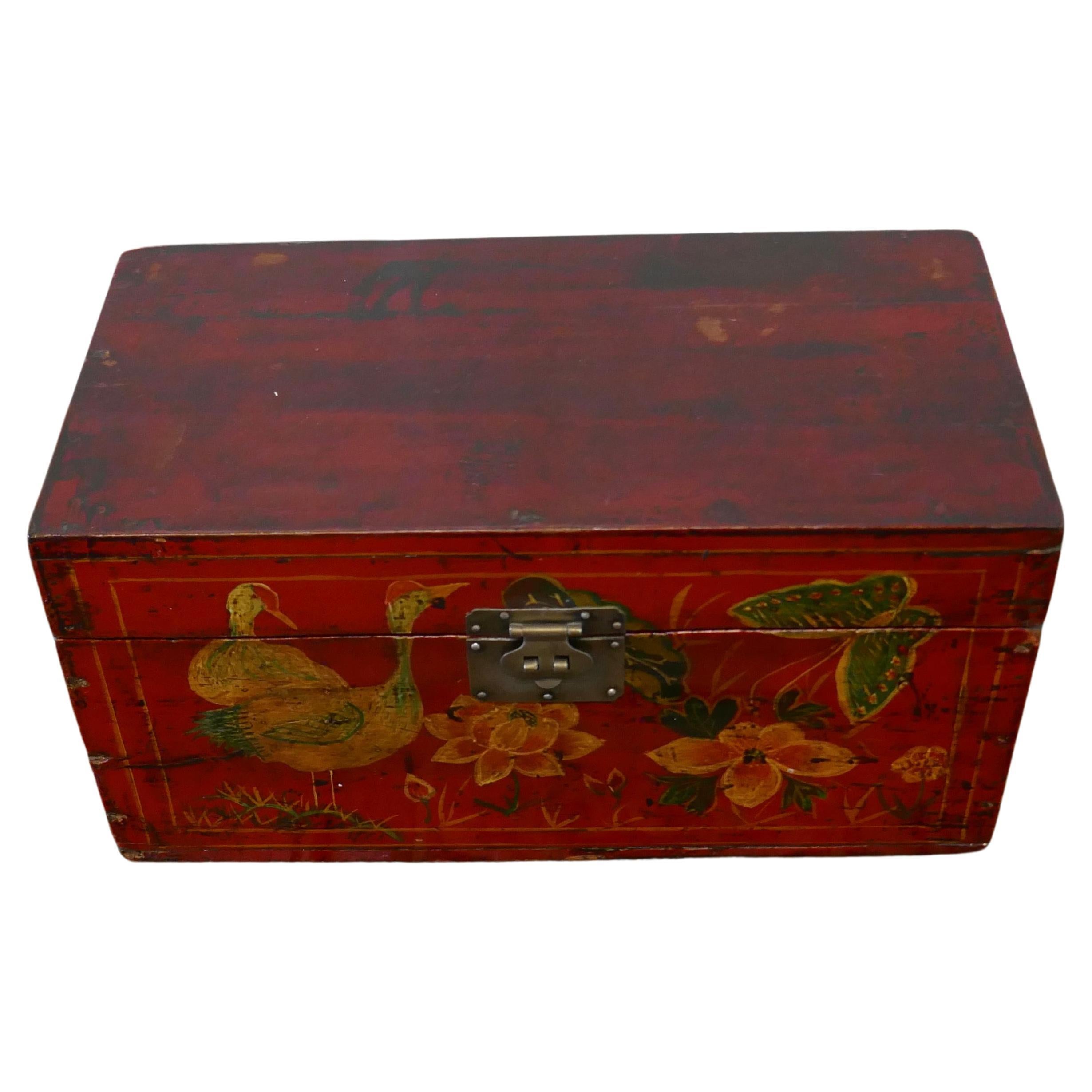 Old Red Chinoiserie Lacquer Box Decorated with Birds Flowers and Butterflies