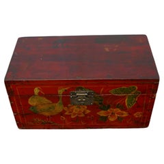 Old Red Chinoiserie Lacquer Box Decorated with Birds Flowers and Butterflies