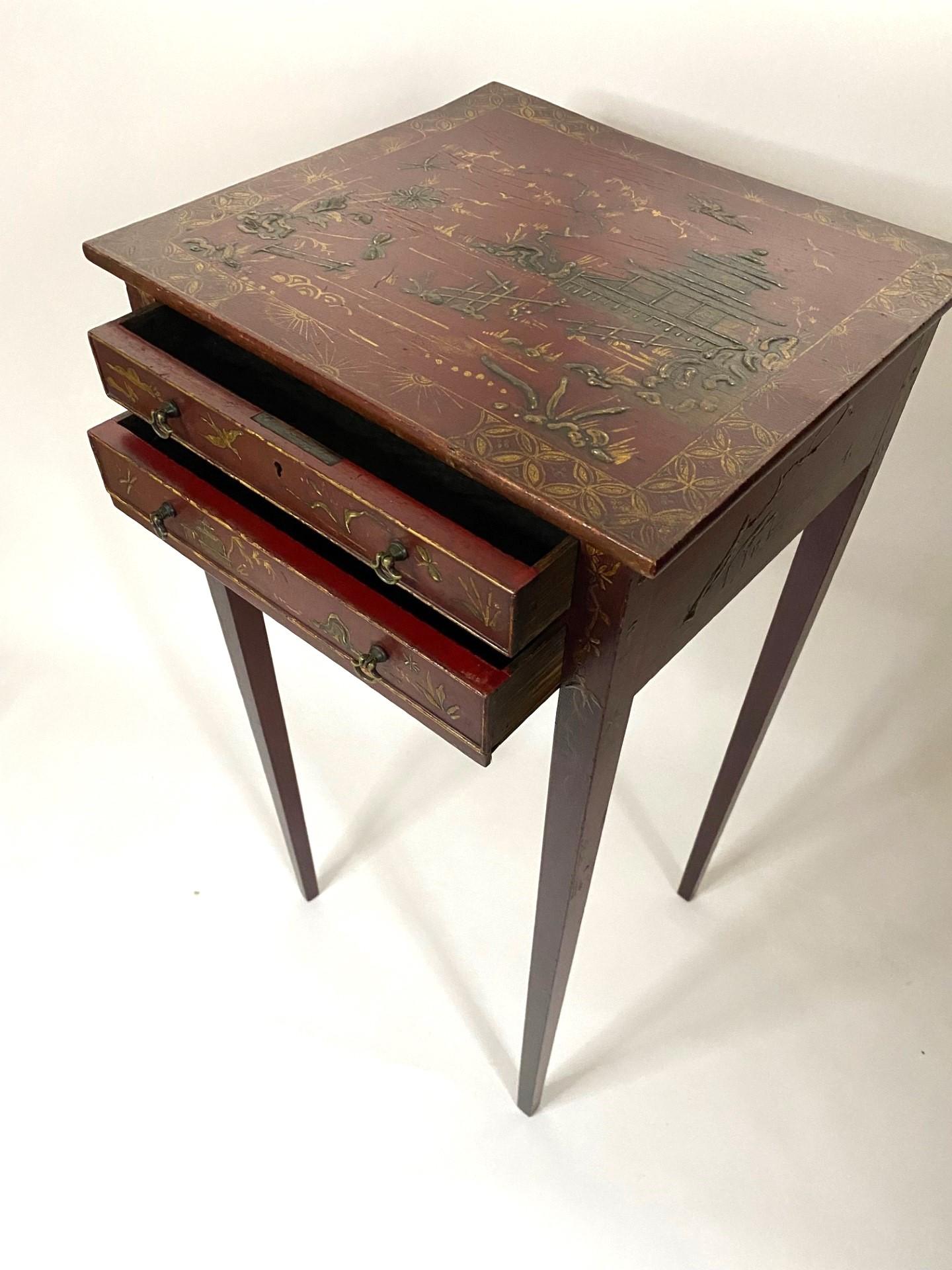 Old Red Lacquered Small Table with Chinoiserie Decoration and Two Drawers In Good Condition For Sale In North Salem, NY