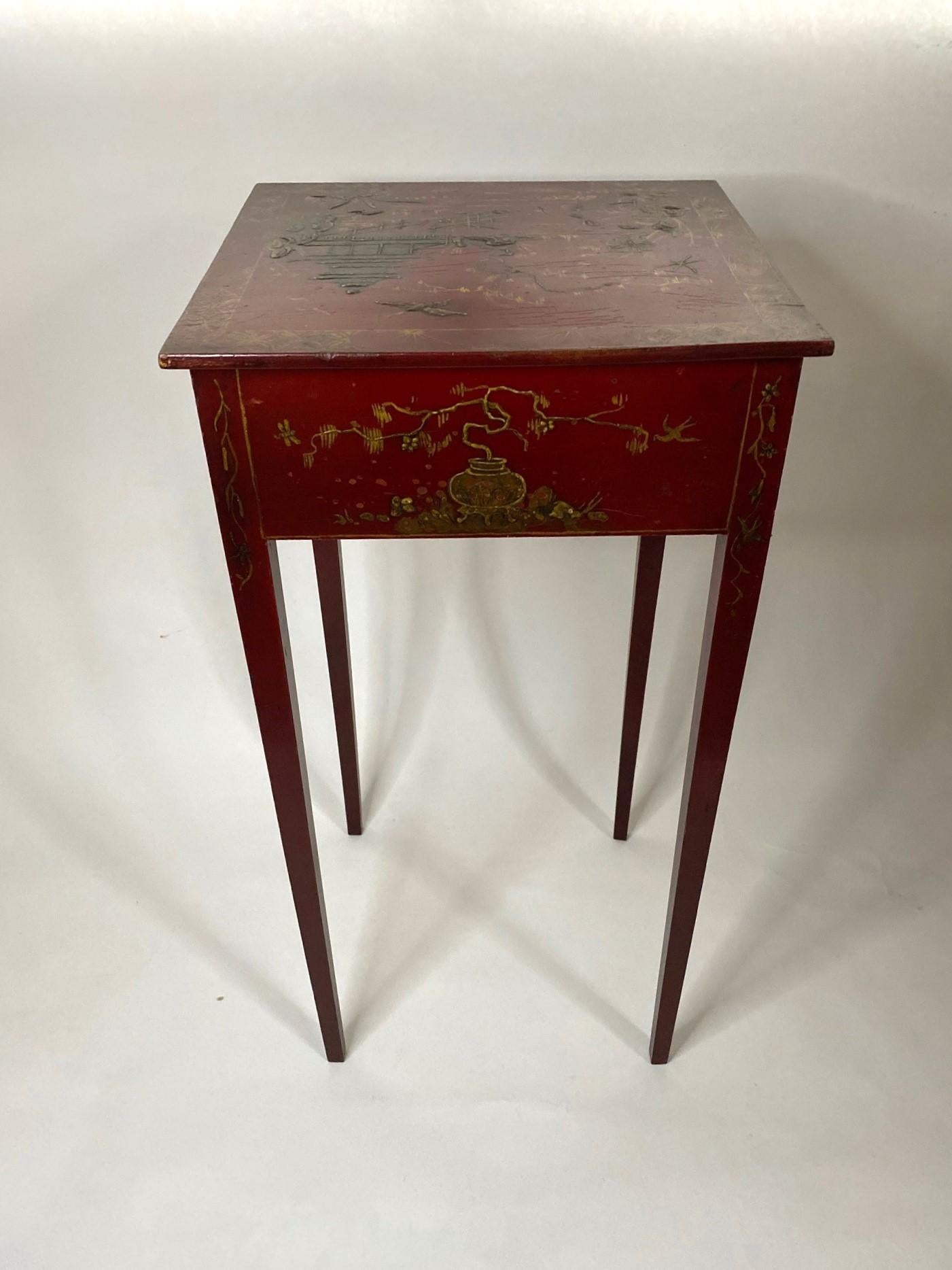 Old Red Lacquered Small Table with Chinoiserie Decoration and Two Drawers For Sale 1