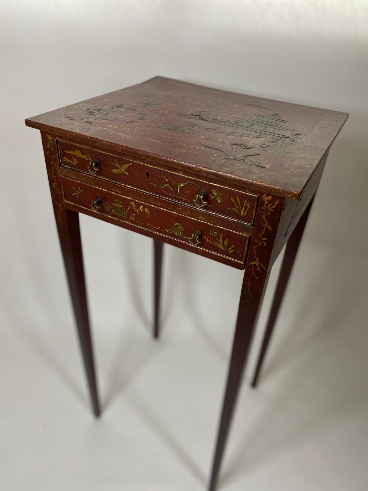Old Red Lacquered Small Table with Chinoiserie Decoration and Two Drawers For Sale 3