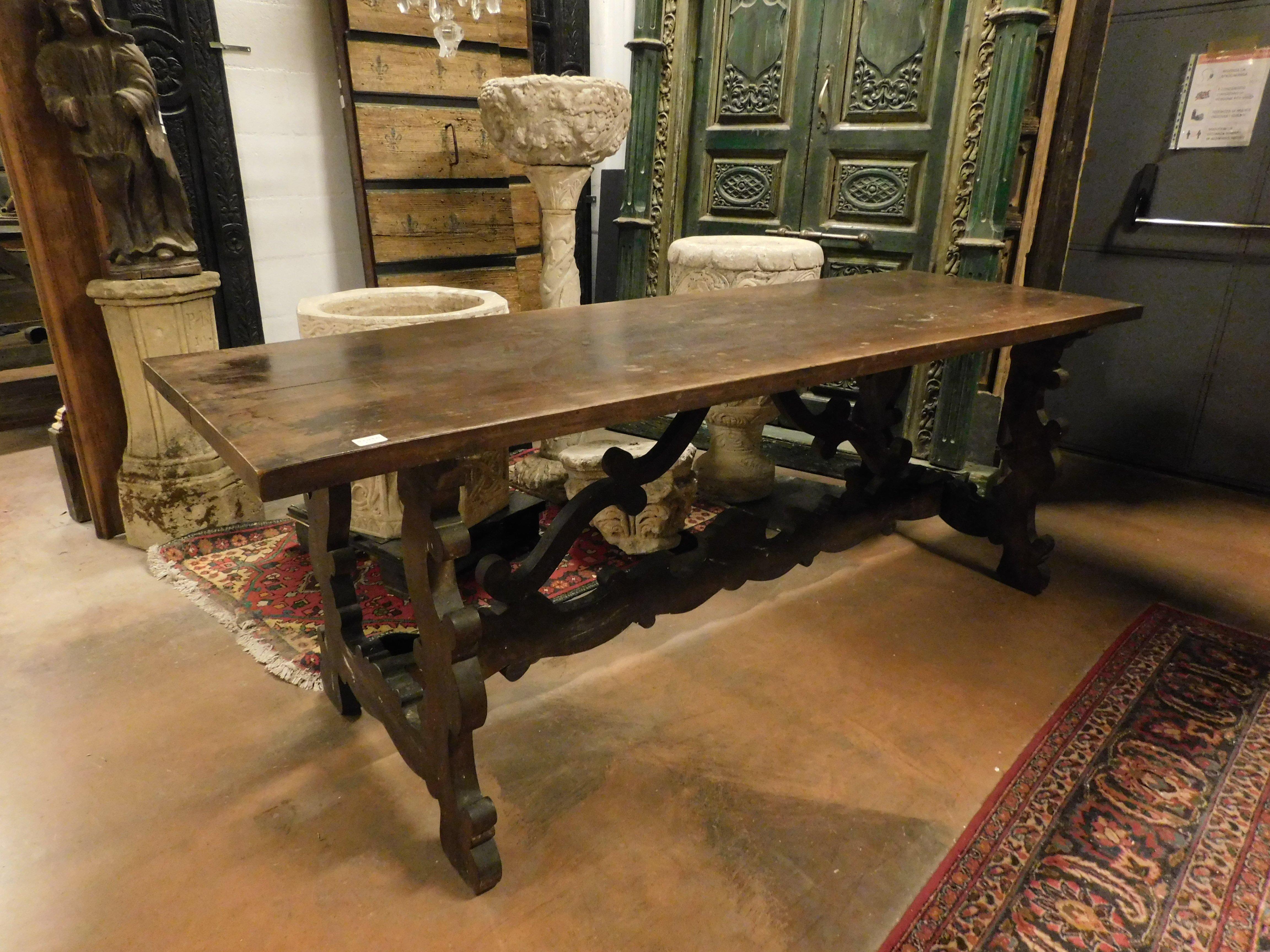 Old refectory table in walnut with wavy legs , dinner table For Sale 5