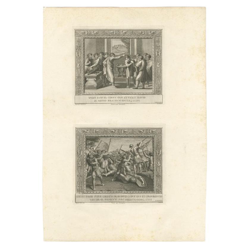 Large antique print with two religious engravings. The upper image depicts the consecration of David. The lower image depicts David and Goliath. This print originates from a work illustrating the complete series of Vatican frescos painted by