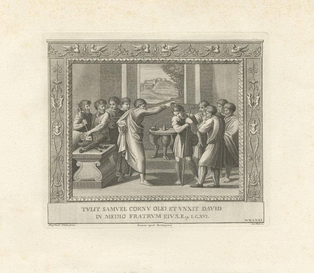 Old Religion Engraving of the Consecration of David and of David and Goliath