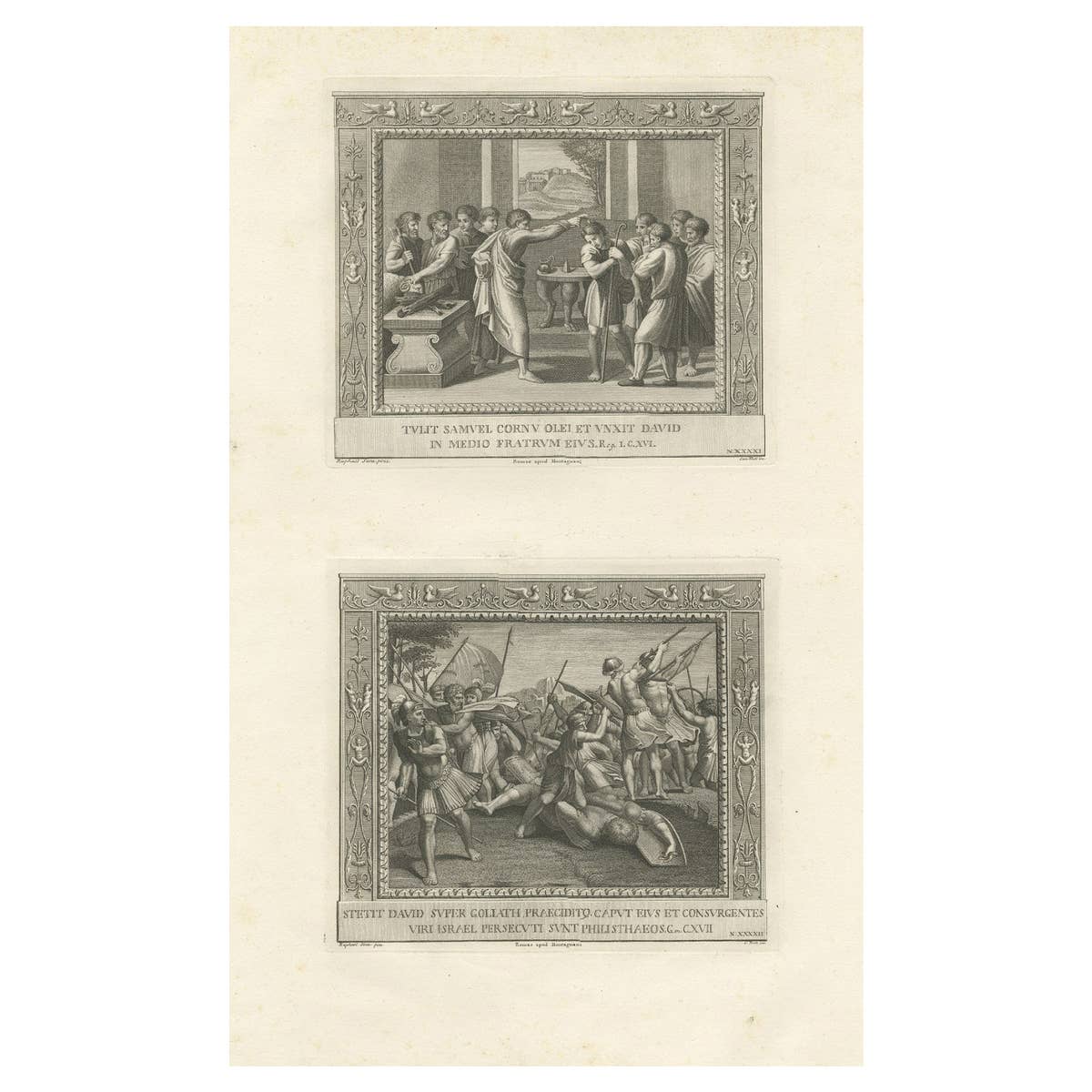 Old Religion Engraving of the Consecration of David and of David and Goliath