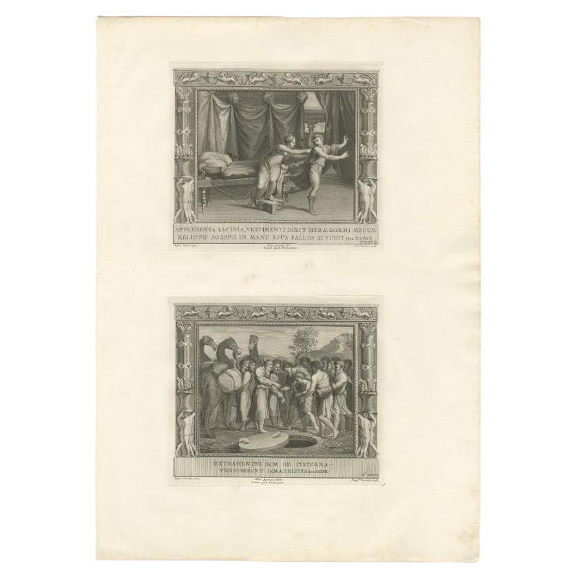 Large antique print with two religious engravings. The upper image depicts Joseph and Potiphar's Wife. The lower image depicts Joseph sold by his brothers and thrown in a cistern. This print originates from a work illustrating the complete series of