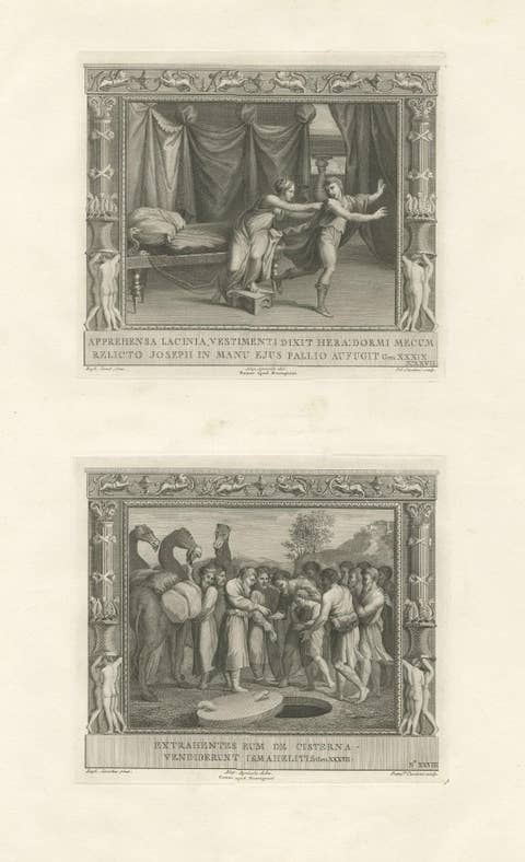 Old Religion Print of Joseph & Potiphar's Wife & Him Being Sold by His Brothers