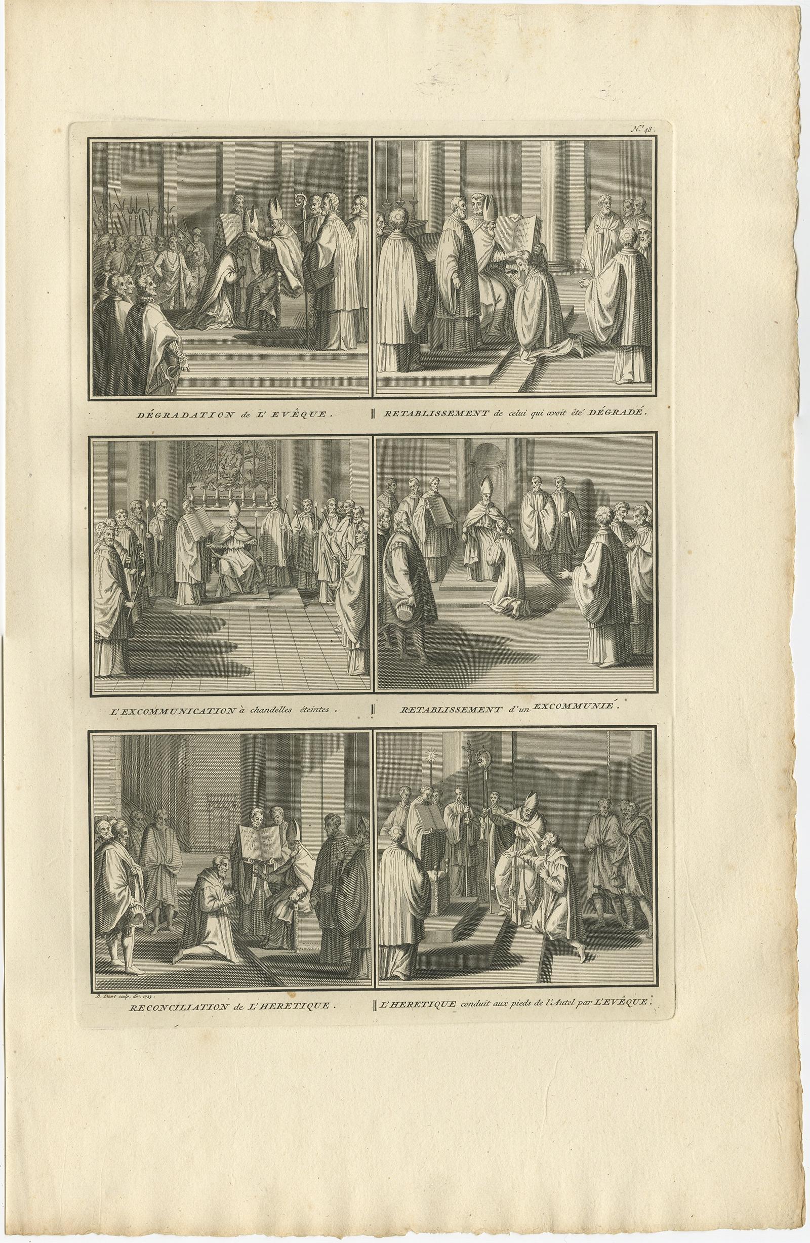 Antique religion print depicting six Roman Catholic habits, rituals and ceremonies. Degradation of a Bishop, excommunication, rehabilitation of someone who was excommunicated, reconciliation of a heretic etc. Originates from 'Ceremonies et coutumes
