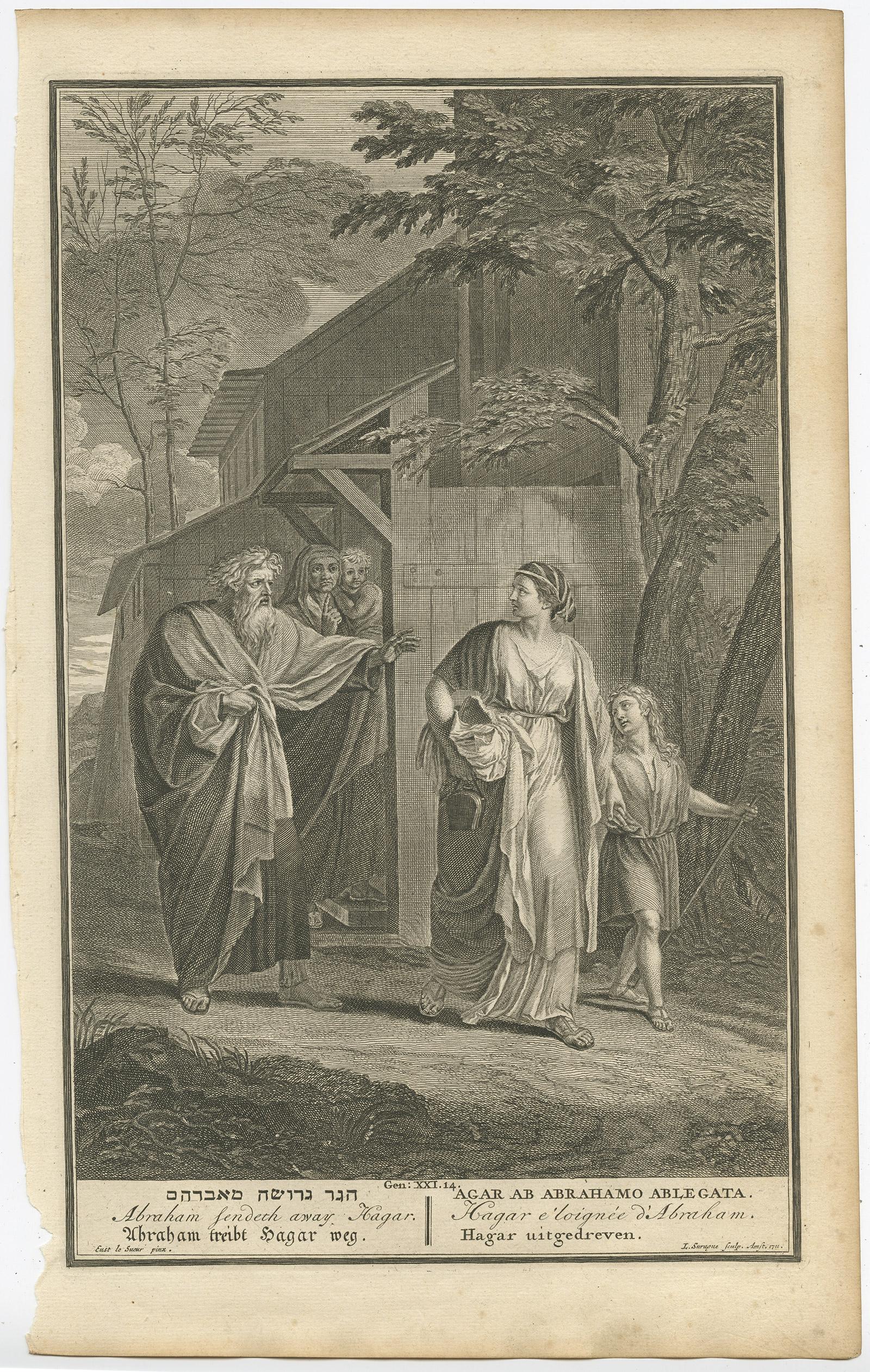 Antique religion print titled 'Abraham sendeth away Hagar'. Abraham Sends Away Hagar; as in Genesis 21:14: 'And Abraham rose up early in the morning, and took bread, and a bottle of water, and gave it unto Hagar, putting it on her shoulder, and the