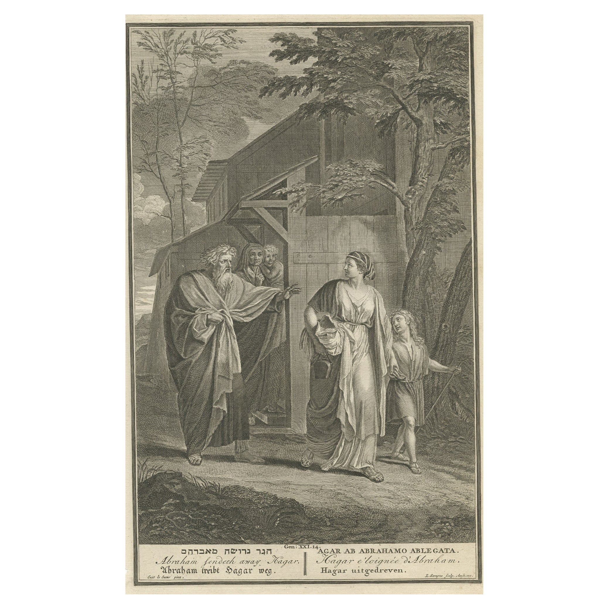 Alte religiöse Gravur von Abraham, der Hagar in die Ferne schickt, wie in Genesis, 1728