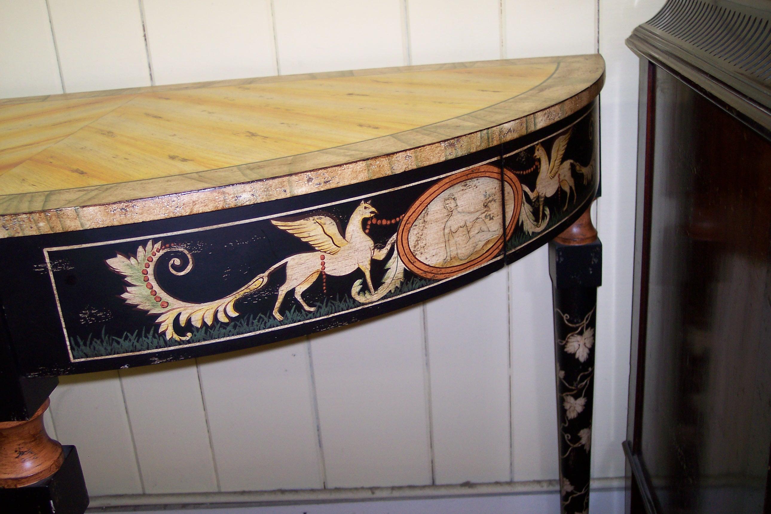 Regency Revival Old reproduction Chelsea House hand painted demi-lune Console Table For Sale