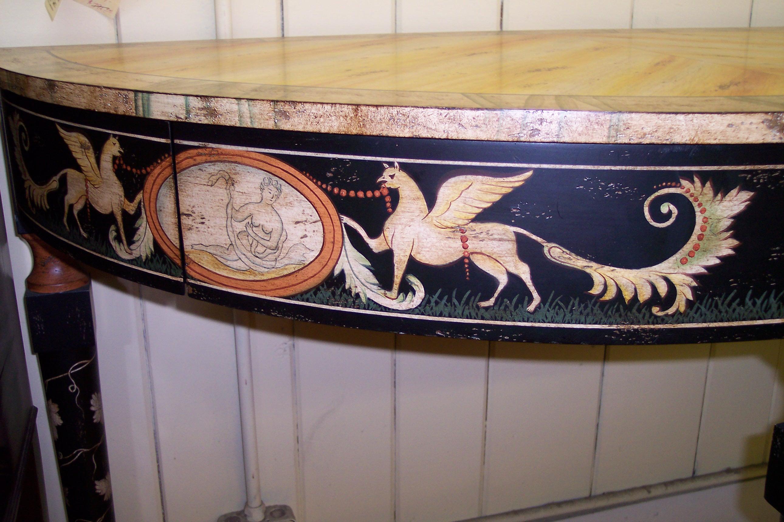 Hand-Painted Old reproduction Chelsea House hand painted demi-lune Console Table For Sale