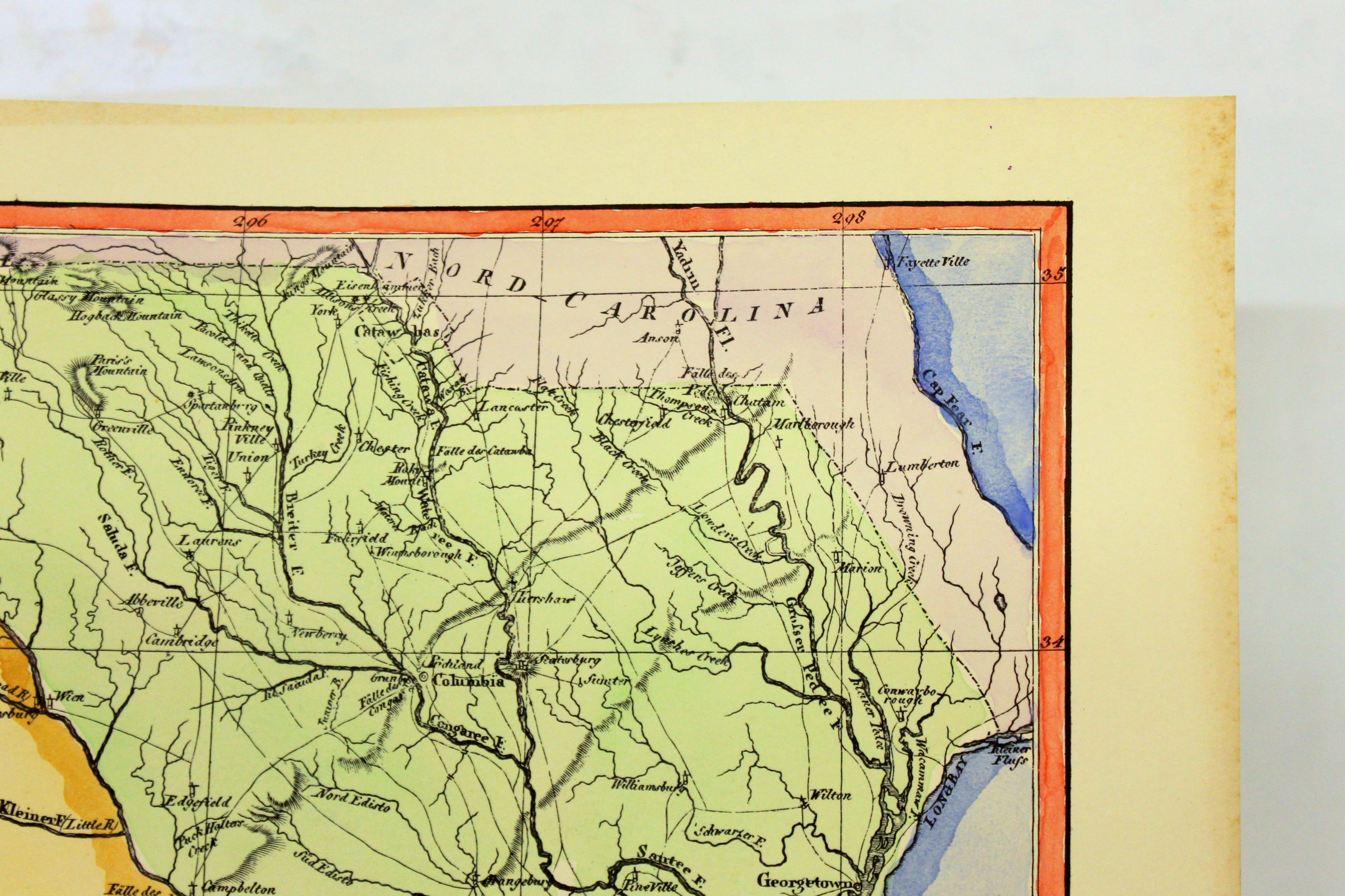 Very fine old reproduction handcolored Map of Sud Carolina (South Carolina), the original from an early 19th century original by J. Drayton's Charte (1803) and the German Geographical Institute (Weimar) in 1806 and more recently re-printed, circa