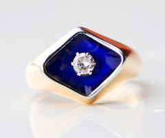 Alter Ring Bague au Firmament Diamant Blau Emaille 18K Gold Ø5.75 US/ 5.5 gr
