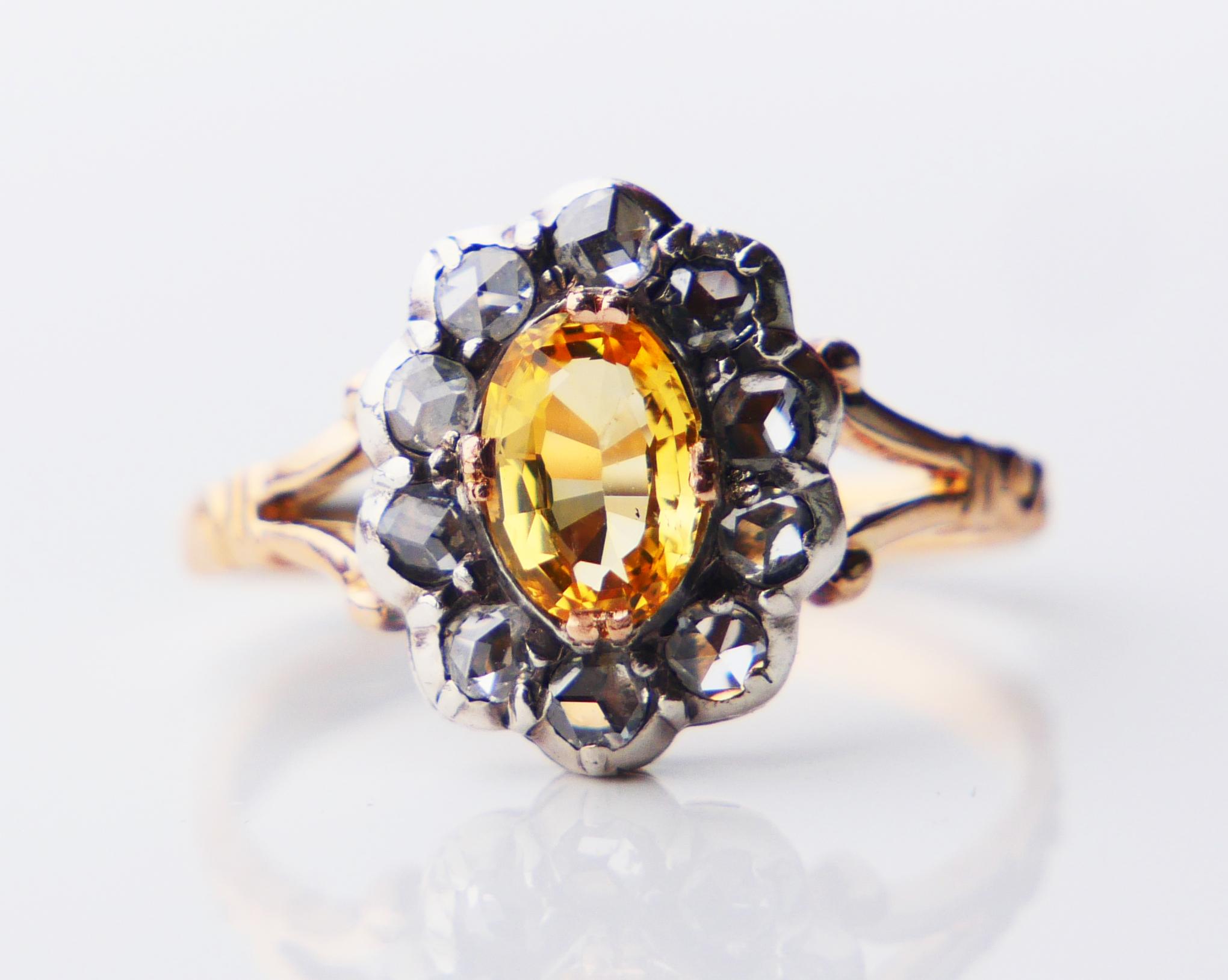 Old Ring natural 1.25ct Yellow Sapphire 0.8ctw Diamonds 18K Gold Ø US7 / 3.68gr For Sale 5