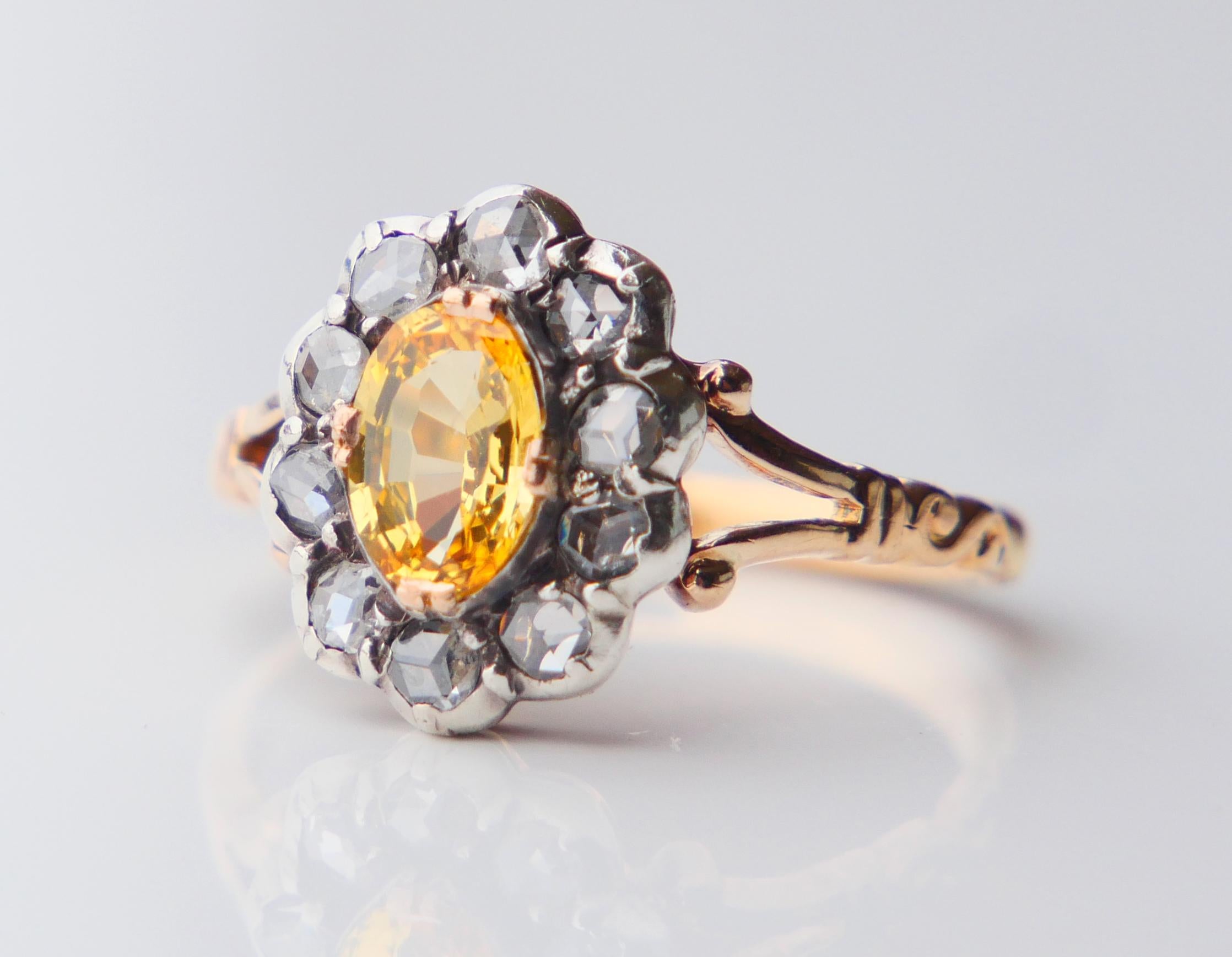 Old Ring natural 1.25ct Yellow Sapphire 0.8ctw Diamonds 18K Gold Ø US7 / 3.68gr For Sale 6