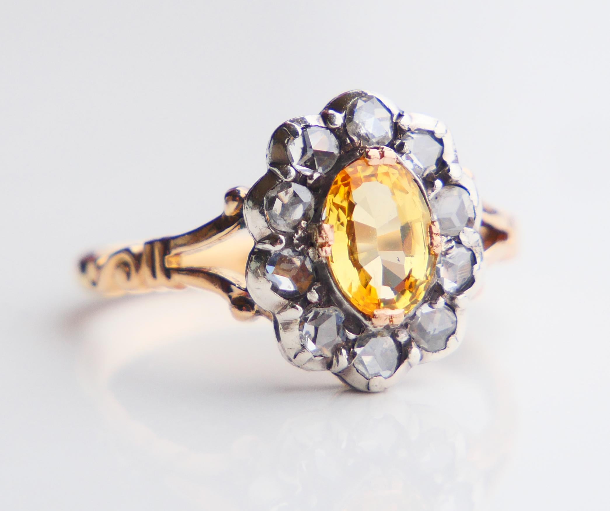 Old Ring natural 1.25ct Yellow Sapphire 0.8ctw Diamonds 18K Gold Ø US7 / 3.68gr For Sale 8