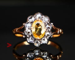 Old Ring natural 1.25ct Yellow Sapphire 0.8ctw Diamonds 18K Gold Ø US7 / 3.68gr