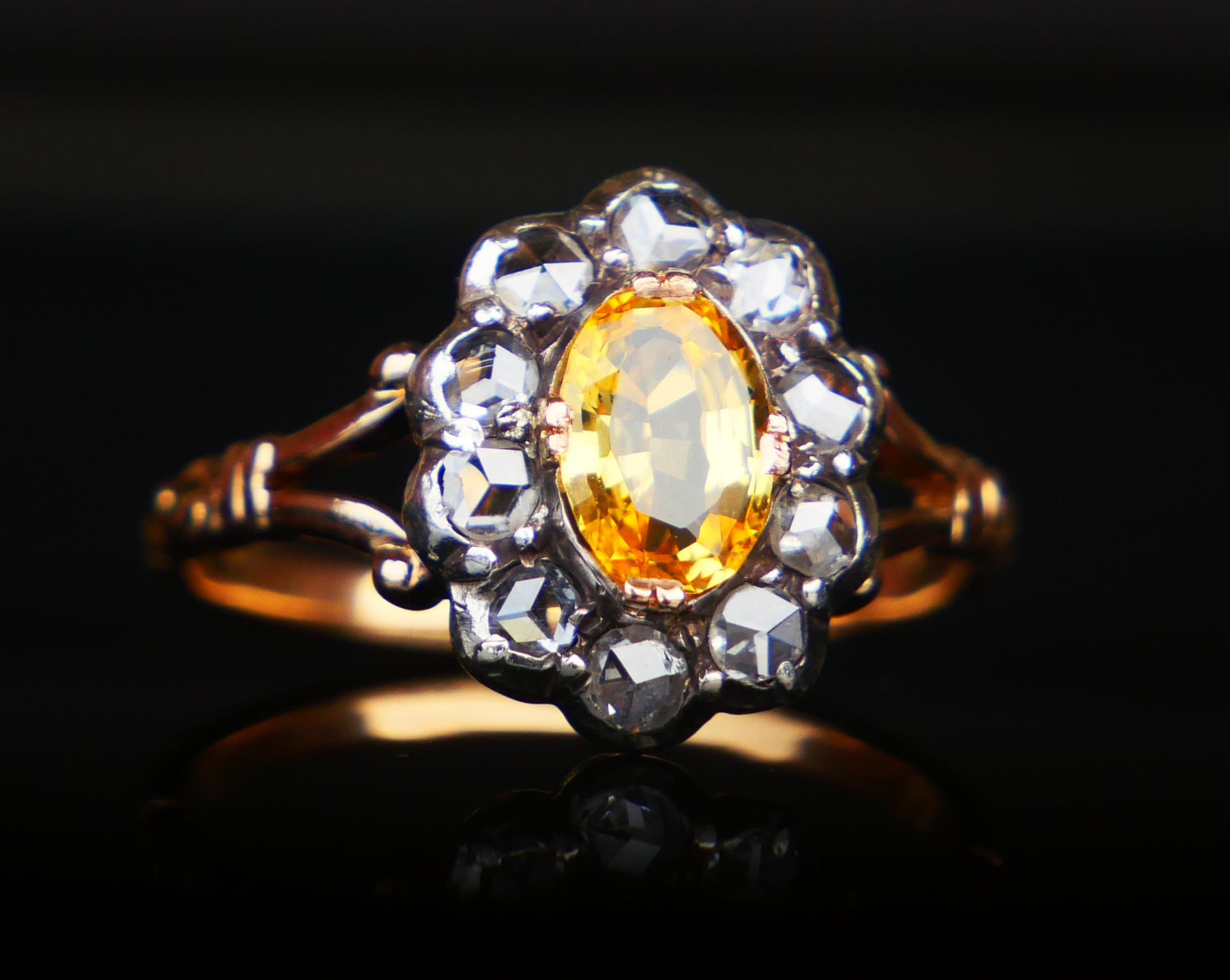 Art Deco Old Ring natural 1.25ct Yellow Sapphire 0.8ctw Diamonds 18K Gold Ø US7 / 3.68gr For Sale