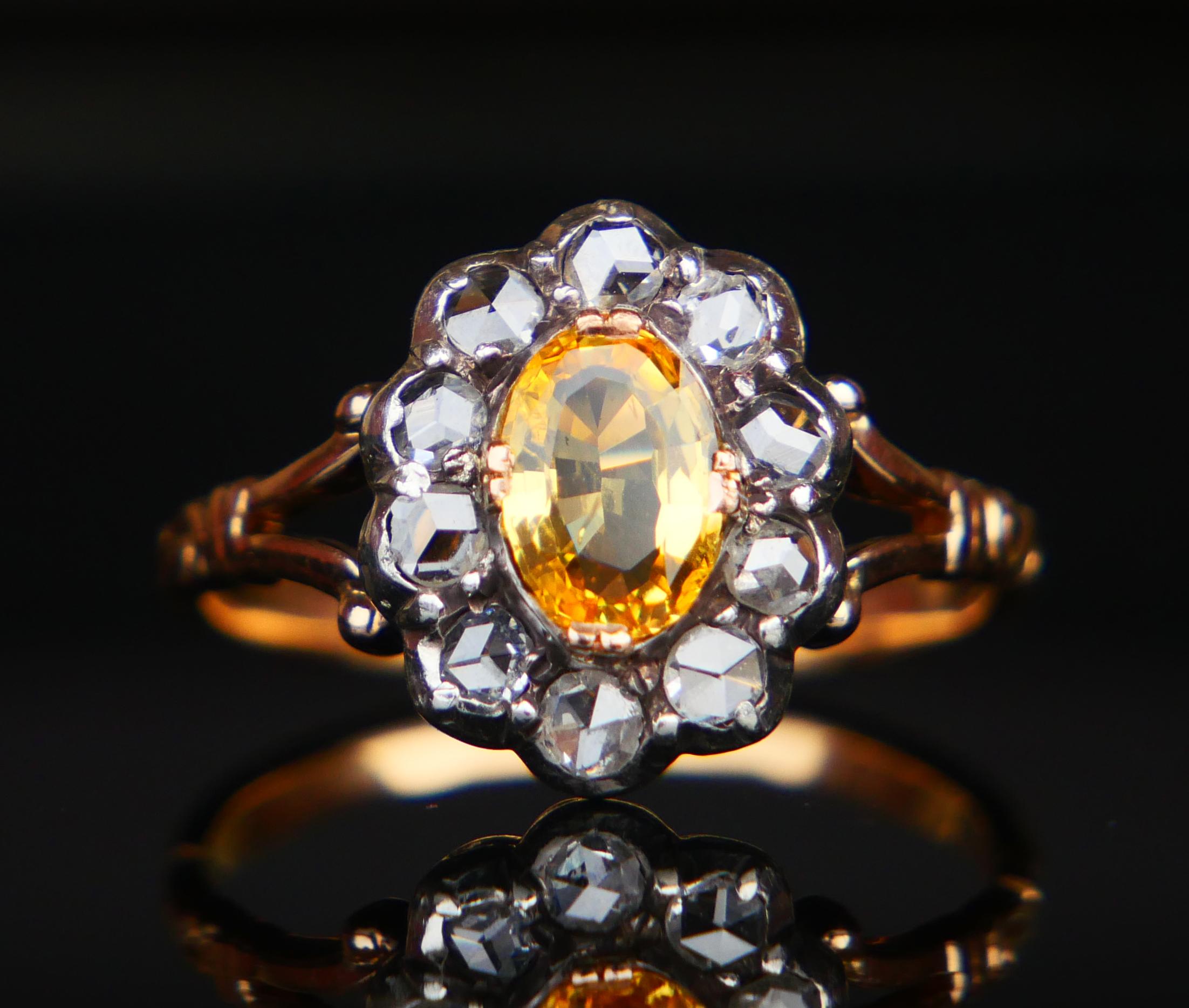 Old Ring natural 1.25ct Yellow Sapphire 0.8ctw Diamonds 18K Gold Ø US7 / 3.68gr For Sale 2