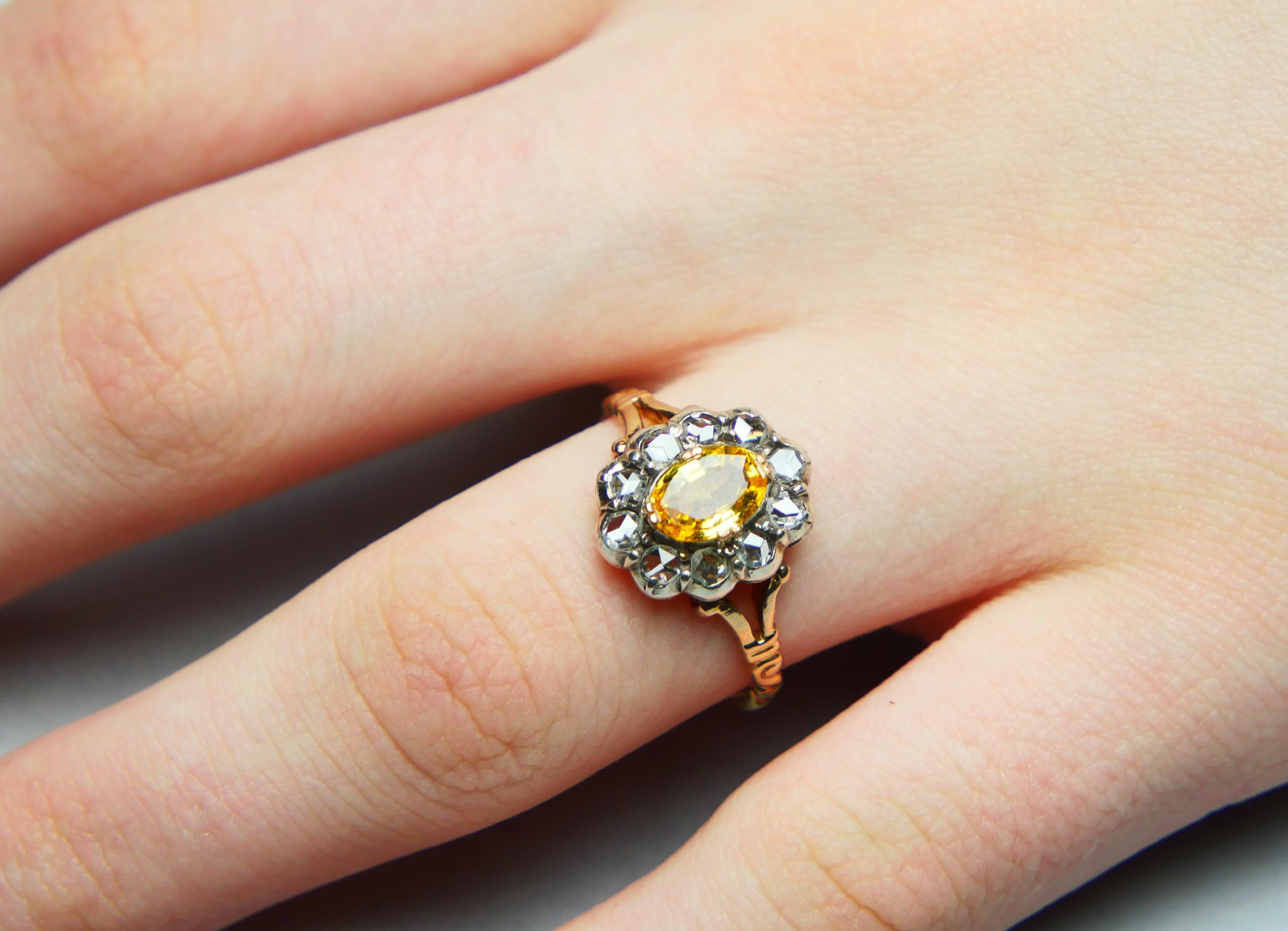 Old Ring natural 1.25ct Yellow Sapphire 0.8ctw Diamonds 18K Gold Ø US7 / 3.68gr For Sale 3