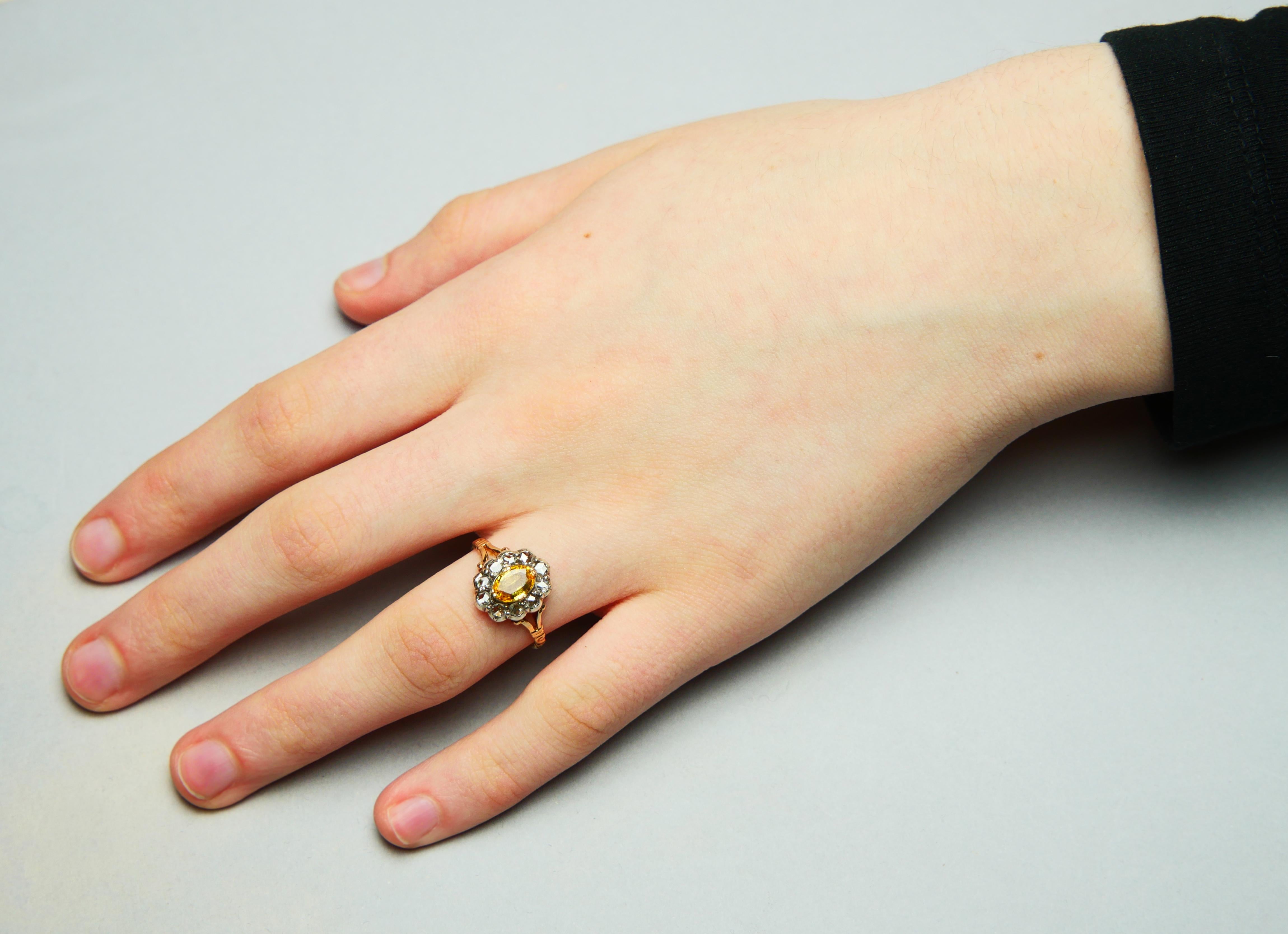 Old Ring natural 1.25ct Yellow Sapphire 0.8ctw Diamonds 18K Gold Ø US7 / 3.68gr For Sale 4