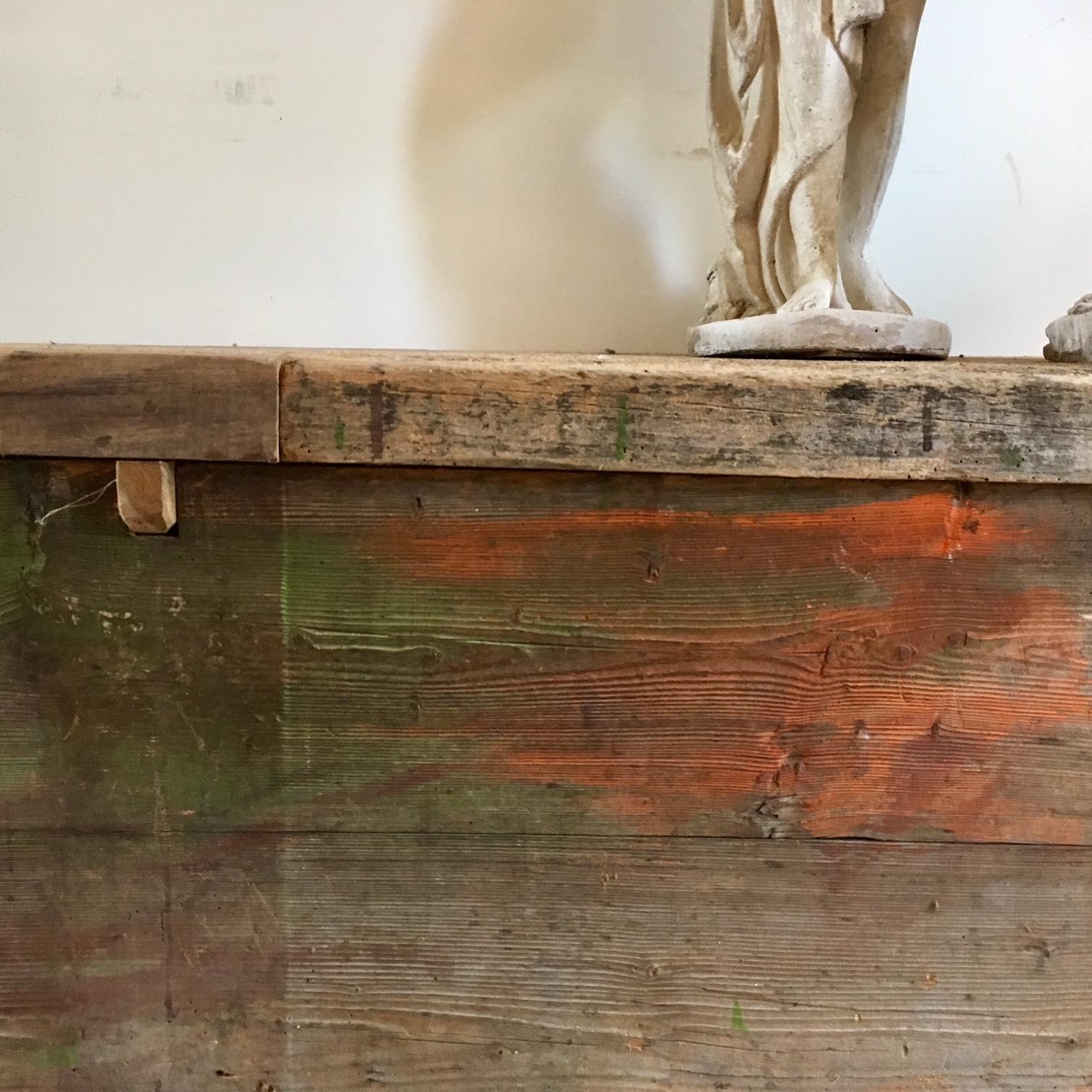Wood Old Rough and Distressed Italian Workbench Dated 1875