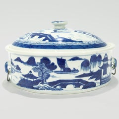 Old Round Blue & White Canton Chinese Export Porcelain Covered Tureen/Vegetable