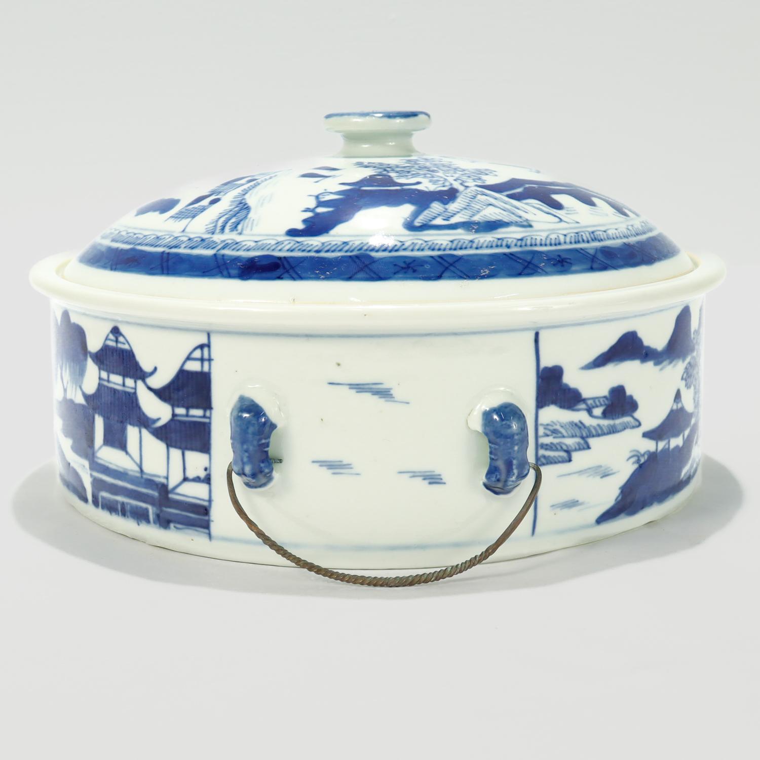 Old Round Blue & White Canton Chinese Export Porcelain Covered Tureen/Vegetable For Sale 1
