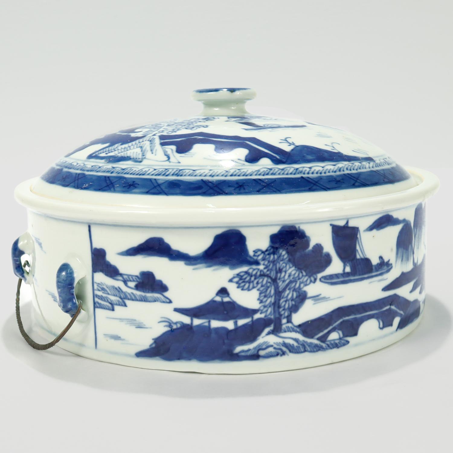 Old Round Blue & White Canton Chinese Export Porcelain Covered Tureen/Vegetable For Sale 2