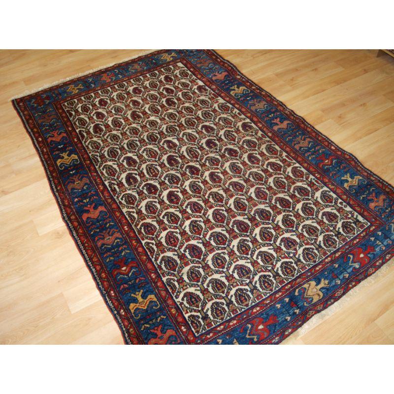 Old rug from the Greater Hamadan region of North West Persia, with an all over boteh design.

The rug has a repeat boteh design on an ivory coloured ground, the border is in a light indigo blue.

The rug is in good condition with even wear and